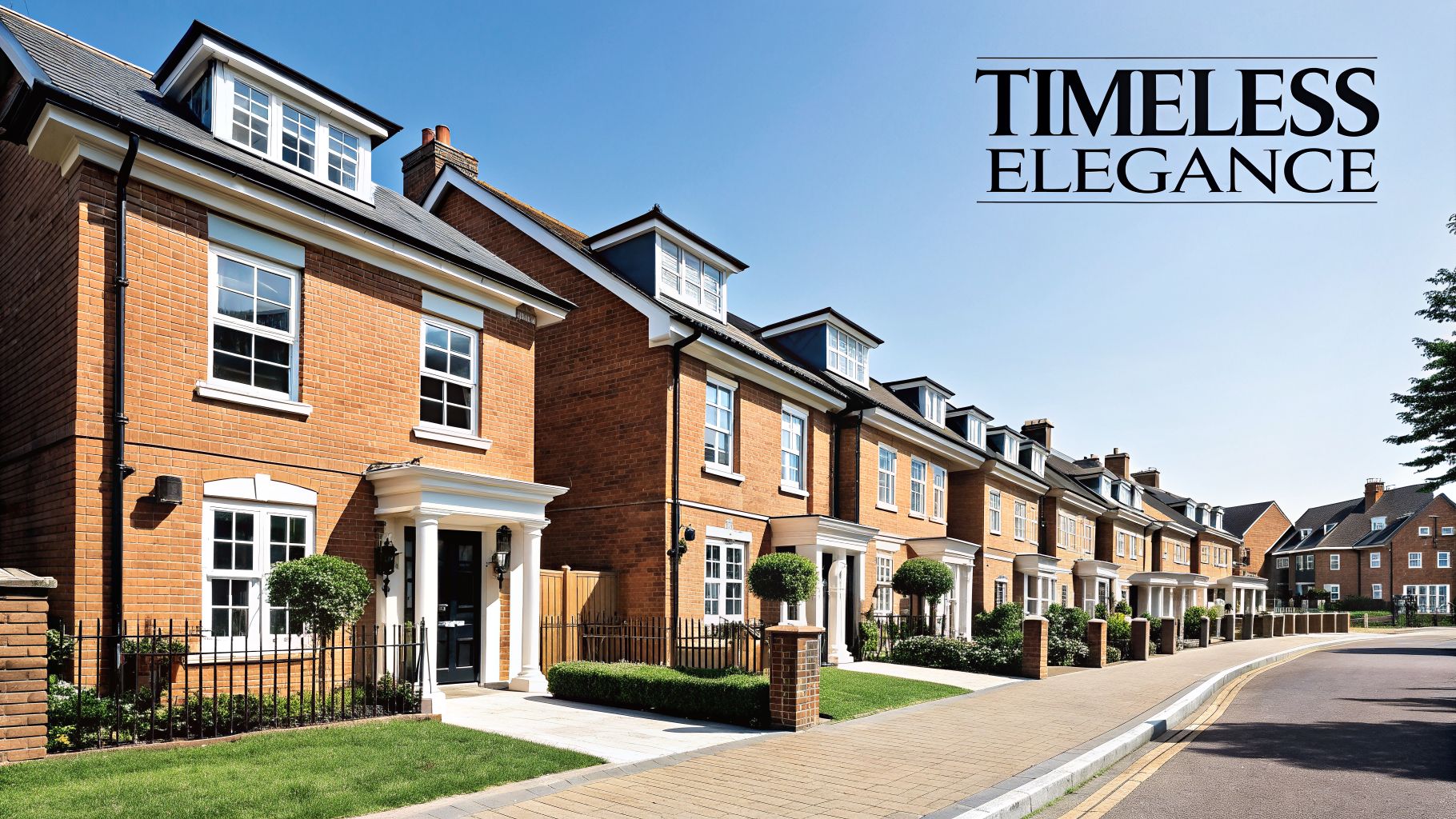 A row of elegant Neo-Georgian brick houses with white windows and porticos under a clear blue sky.