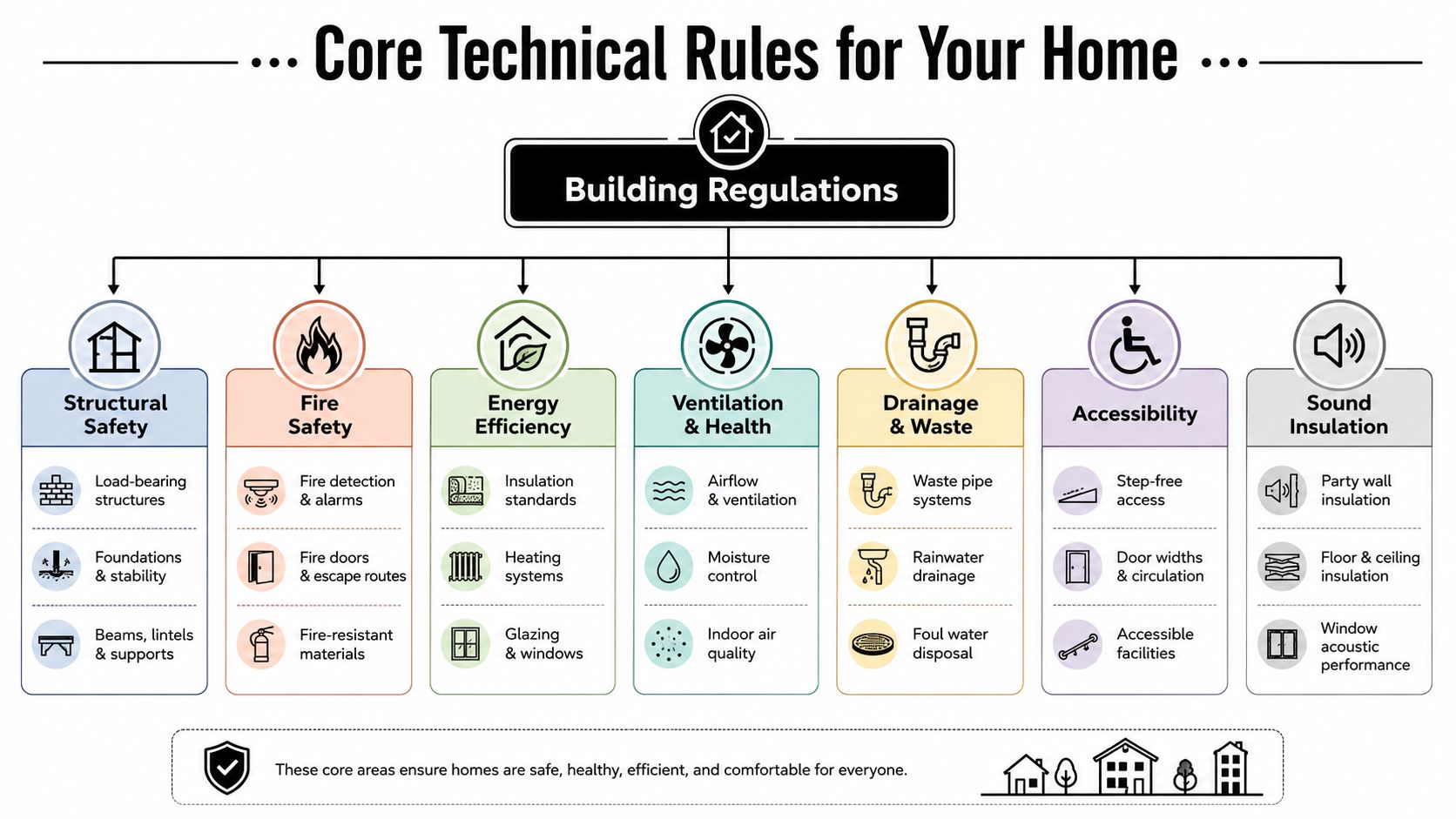 A diagram outlining the seven core categories of building regulations for home safety and efficiency.
