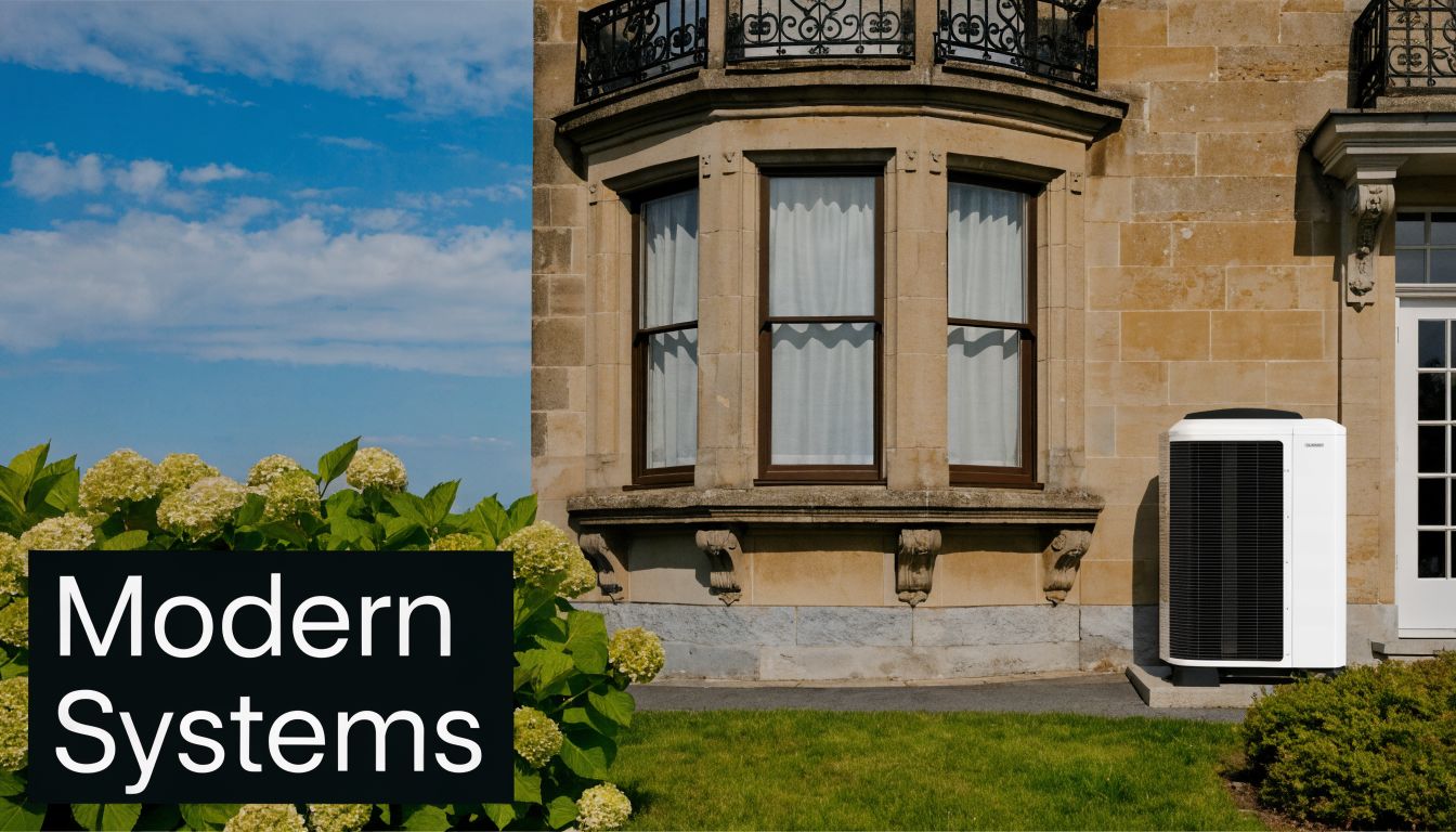 A modern heat pump unit installed outside a classic Victorian stone house with garden landscaping.