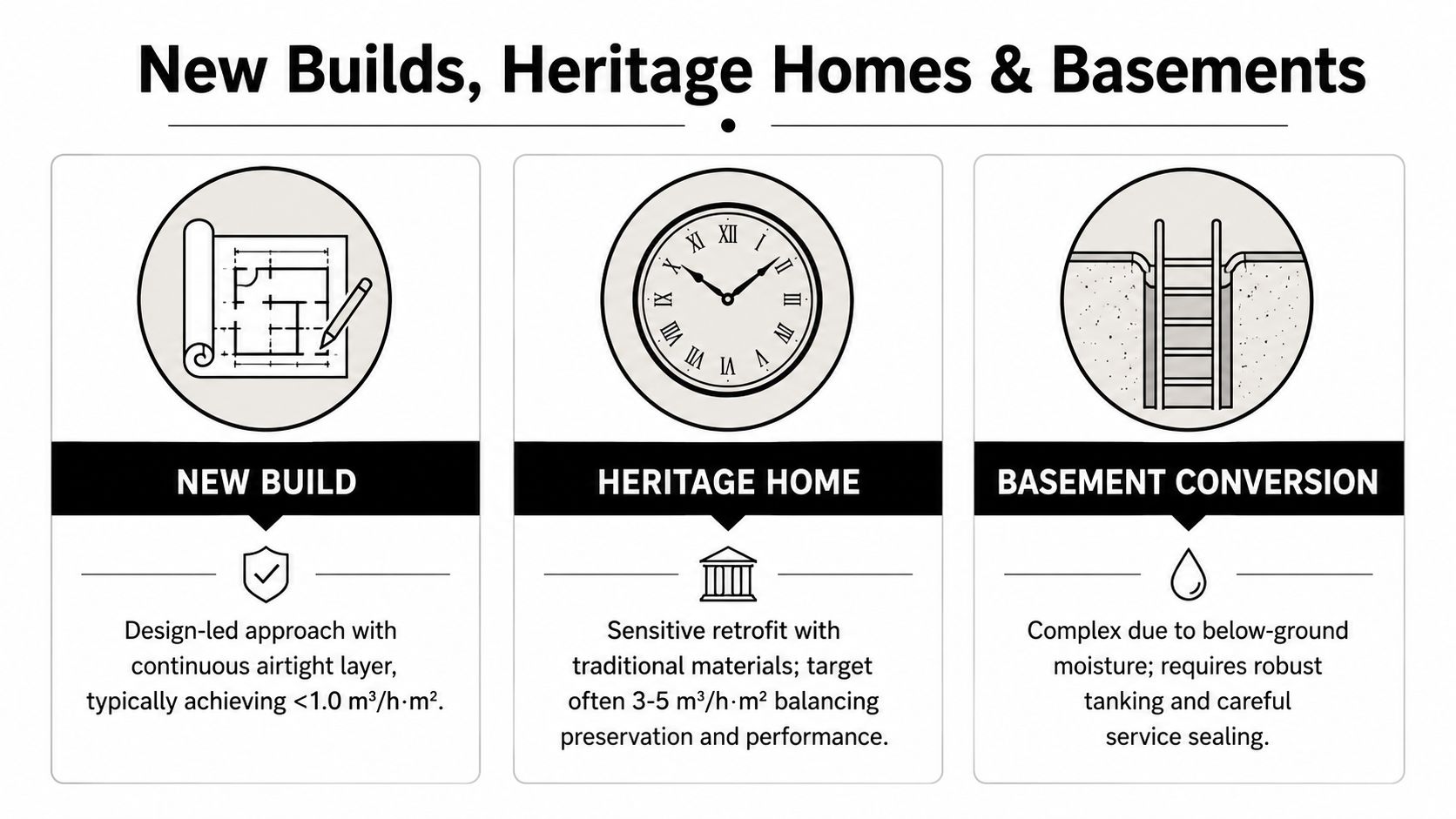 A diagram comparing air tightness strategies for new builds, heritage homes, and basement conversions.