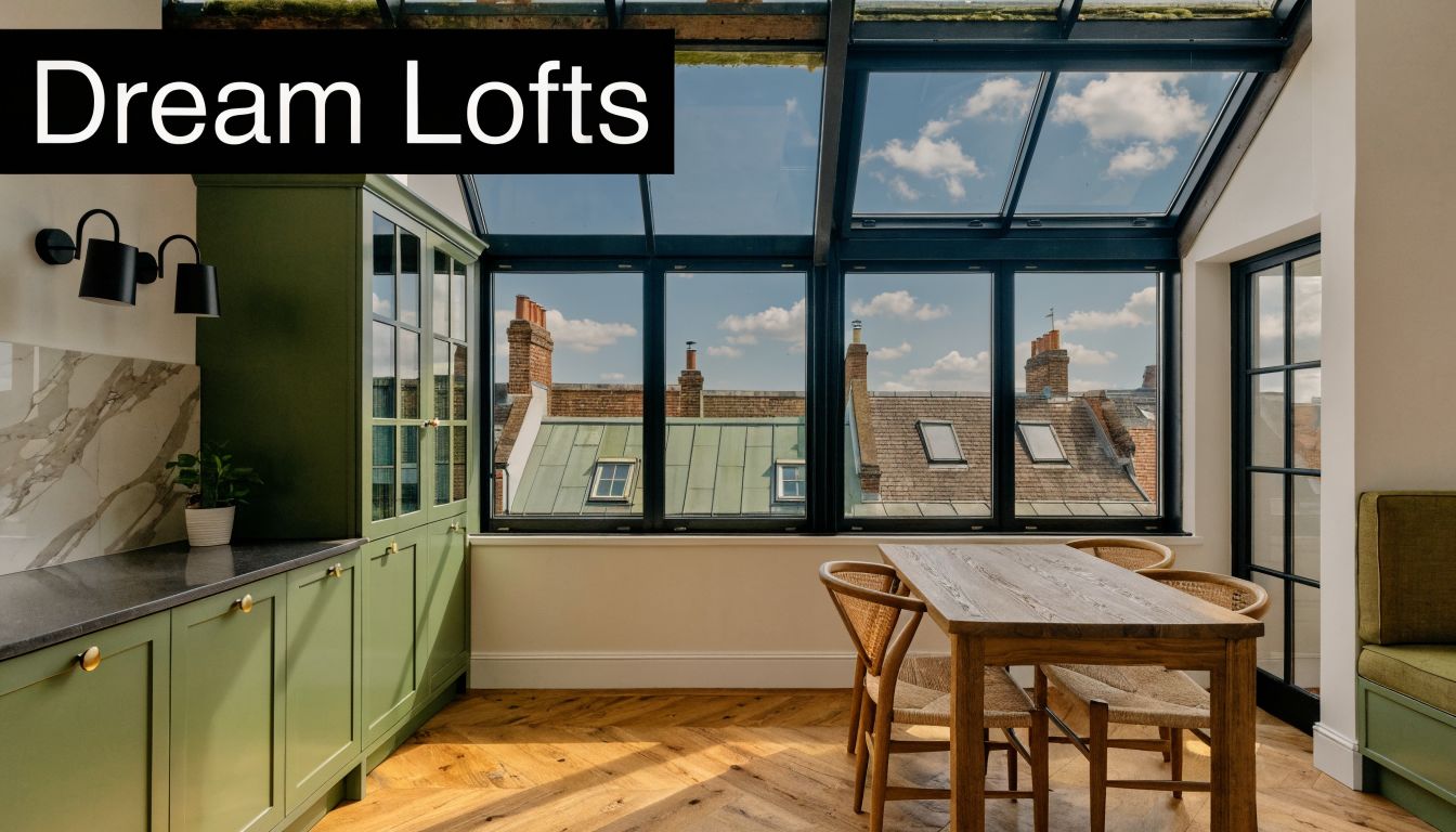 A modern kitchen and dining area inside a London loft conversion with large roof windows and green cabinetry.