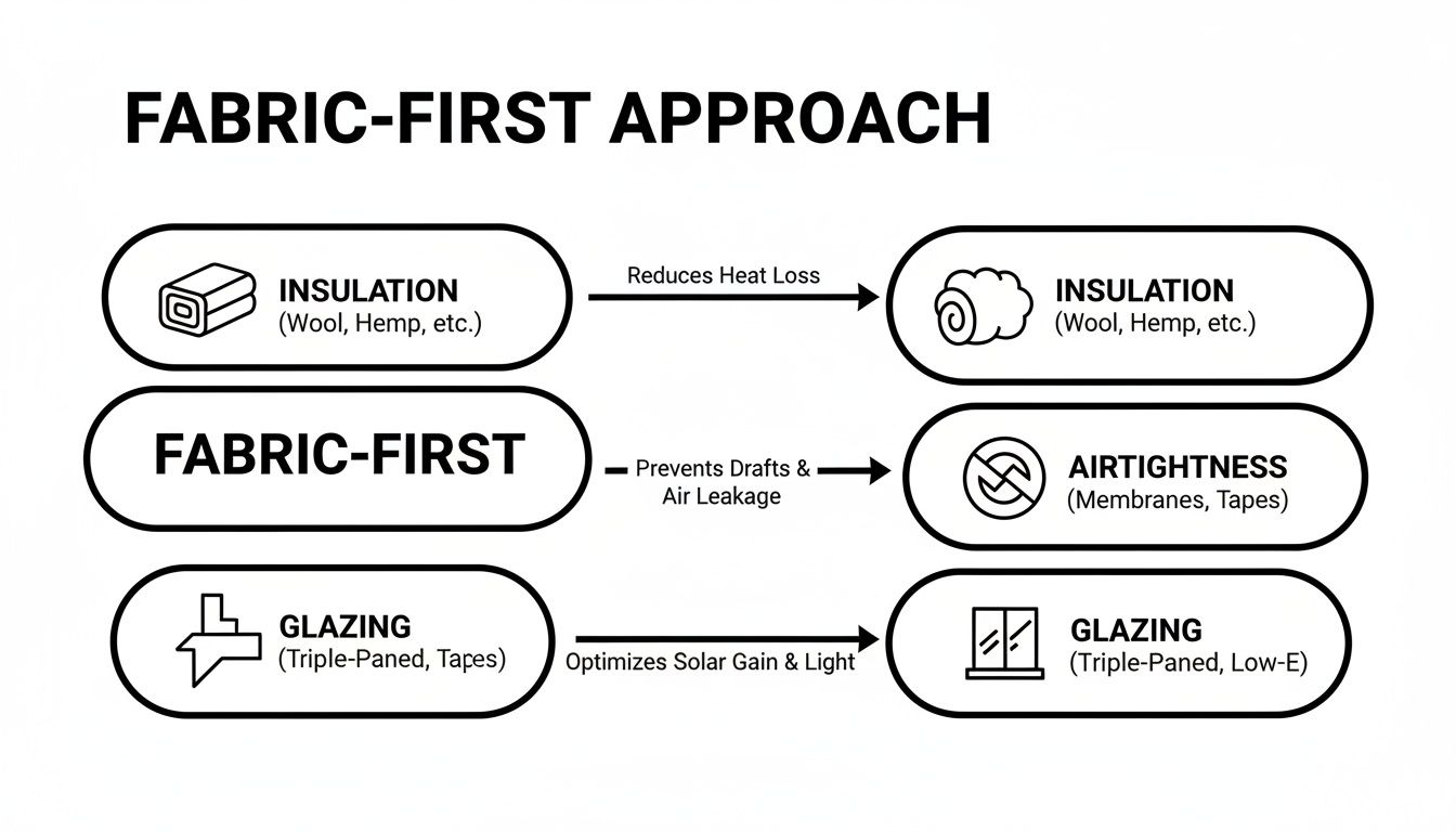Diagram illustrating the Fabric-First Approach to building design, detailing insulation, airtightness, and glazing.