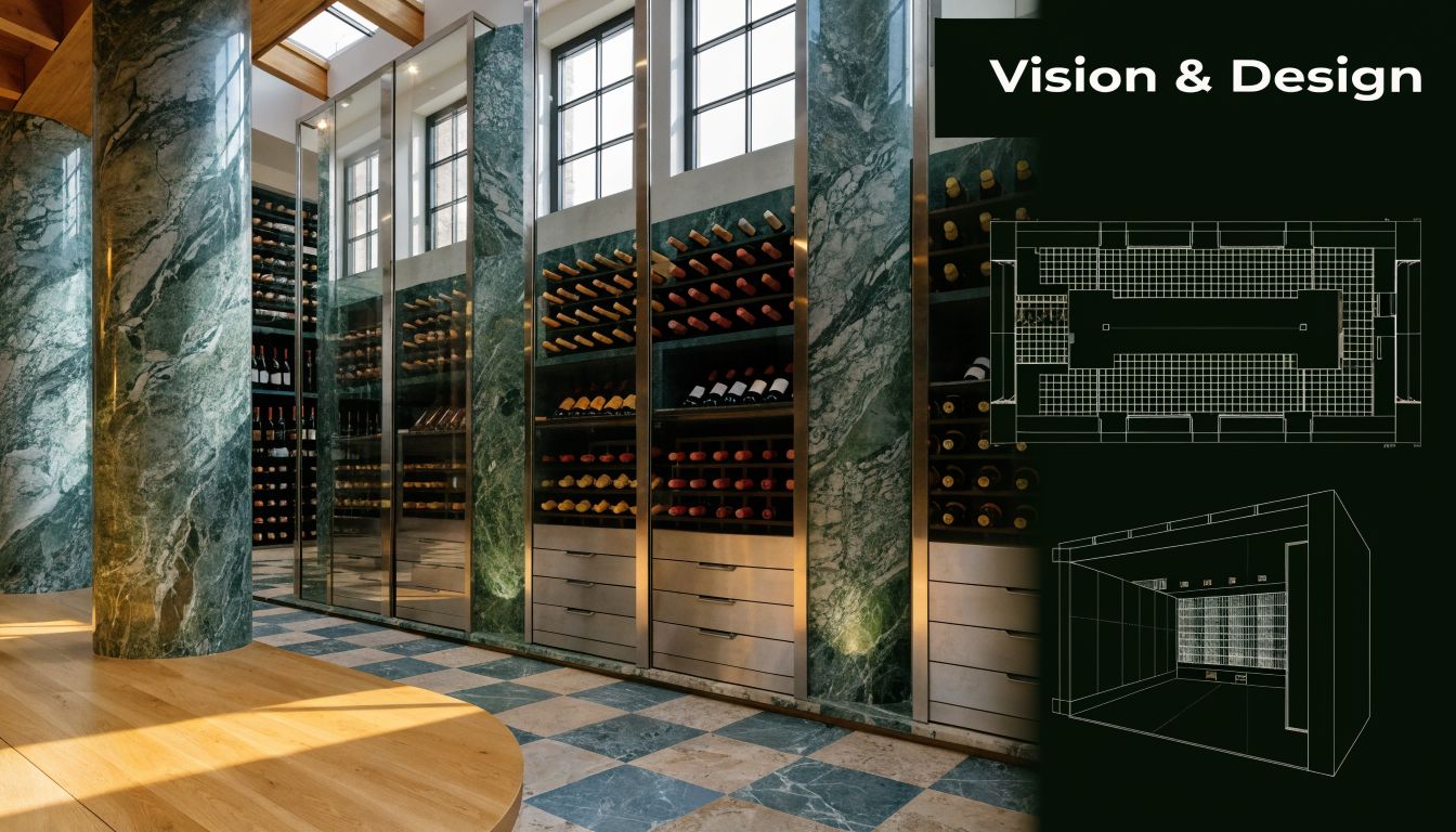 A luxurious wine cellar featuring green marble columns, checkered marble flooring, and wine racks with architectural plans.