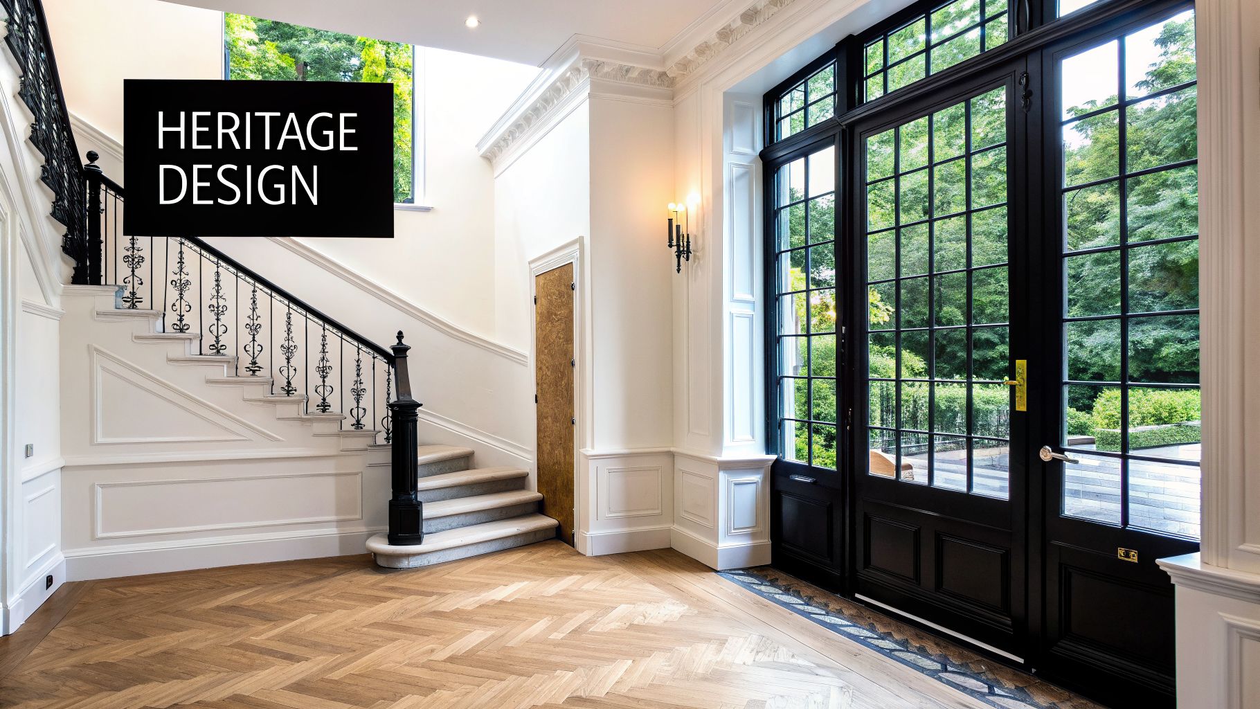 Elegant home interior featuring a heritage design staircase, wooden floor, and garden view through black doors.