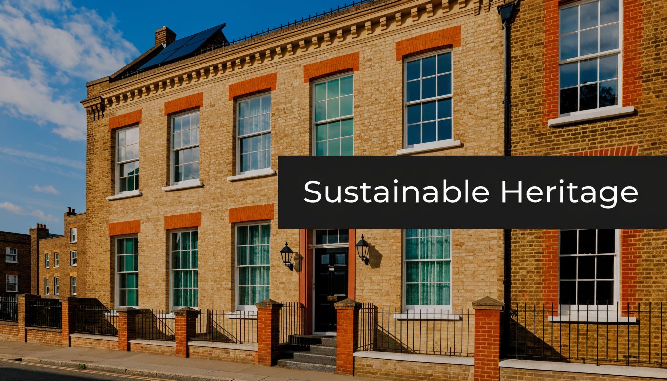 A historic yellow brick terraced house in London featuring sash windows and the text Sustainable Heritage overlaid.