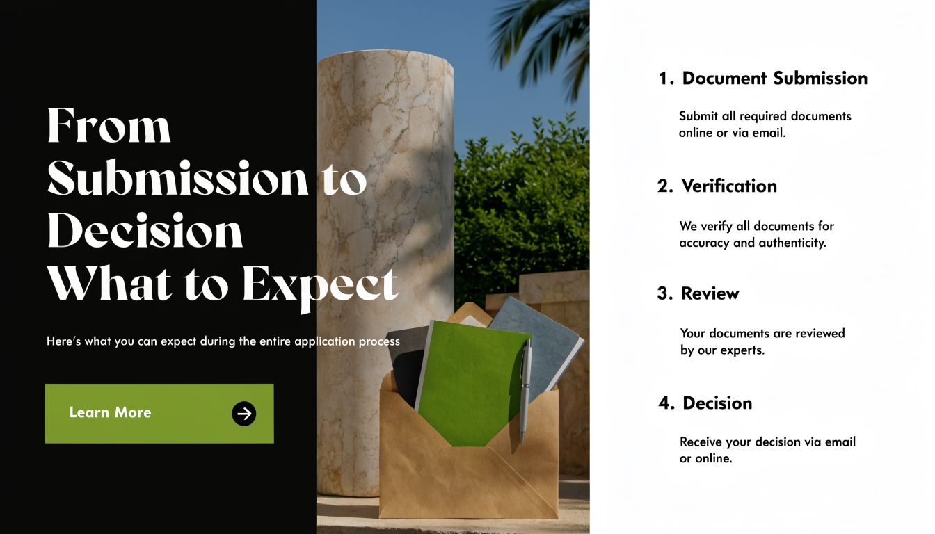 A four-step guide outlining the application process from document submission to receiving a final decision online.