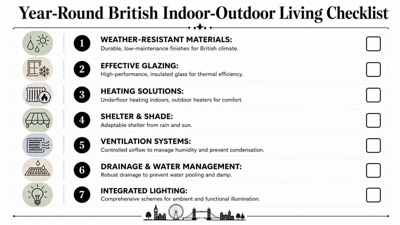 A checklist for year-round British indoor-outdoor living design covering weather-resistance, heating, shelter, ventilation, drainage, and lighting.