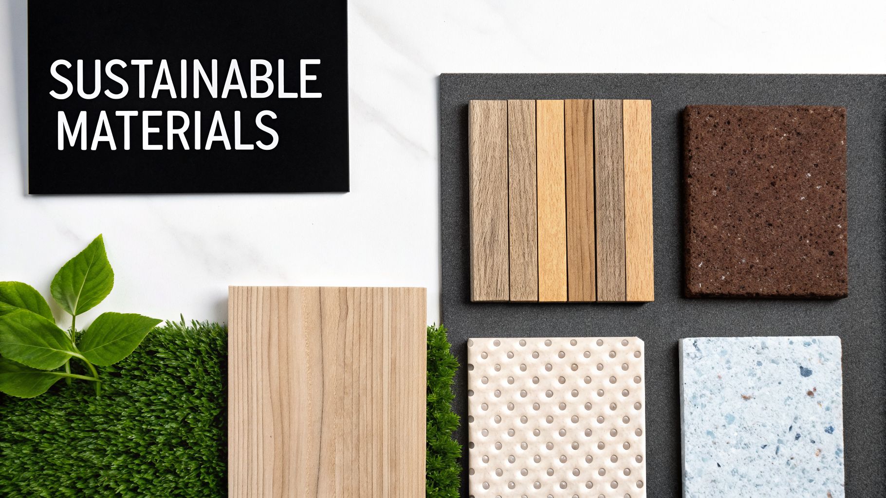A flat lay of various sustainable material samples including wood, recycled composites, and artificial grass for eco-friendly design.