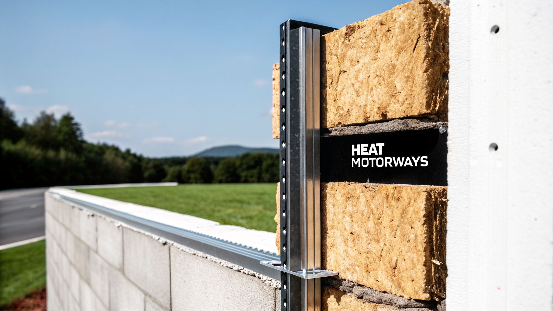 Cross-section of a building wall showing thermal insulation, metal frame, and concrete, with text 'HEAT MOTORWAYS'.