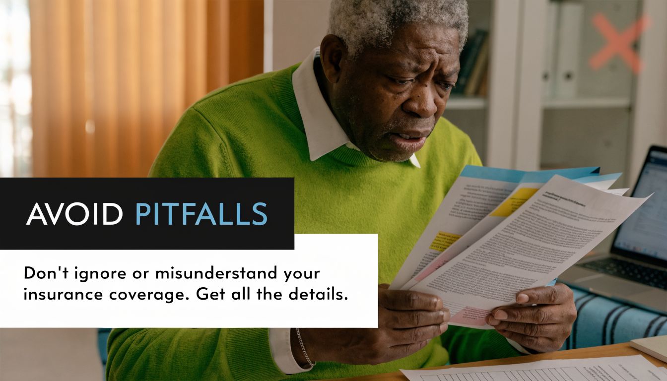An older man in a green sweater looking concerned while reading insurance documents at a desk.