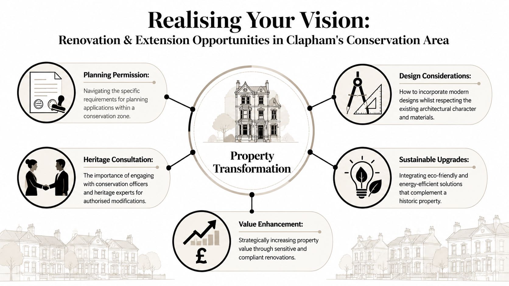 An infographic detailing five key steps for renovating properties within Clapham's historic conservation area.