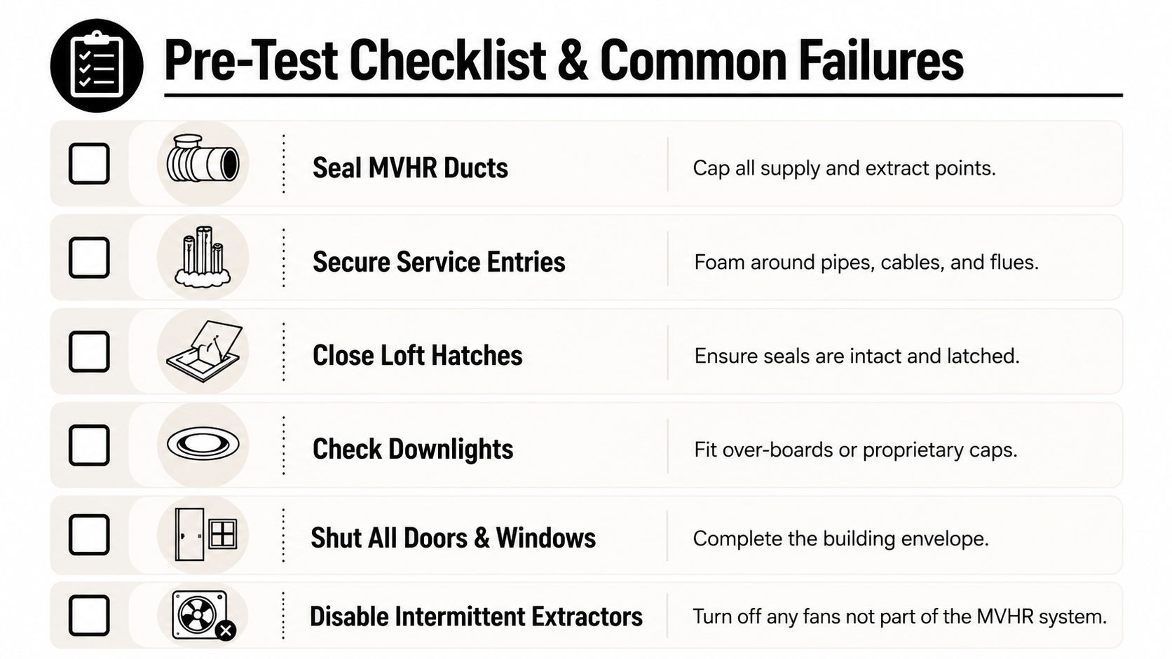 A pre-test checklist for air tightness testing listing steps like sealing ducts, closing hatches, and shutting windows.