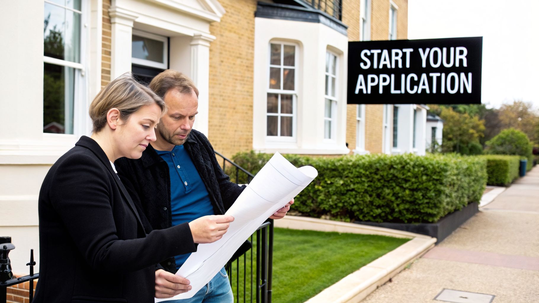 Two people reviewing blueprints outside a building with a 'Start Your Application' sign.