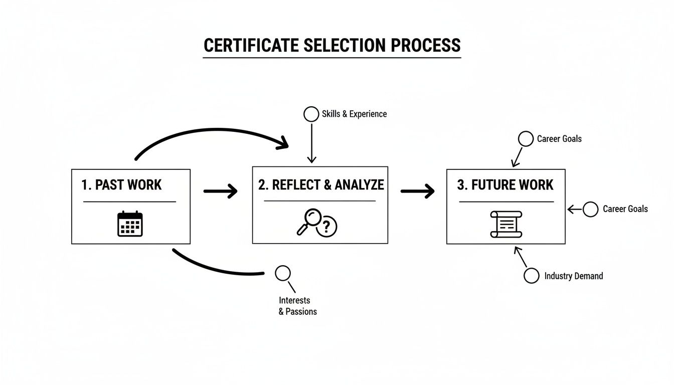 Flowchart detailing a three-step certificate selection process: past work, reflection, and future work.