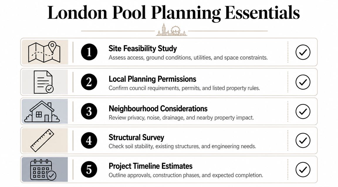 A five-step infographic guide detailing essential planning requirements for swimming pool construction projects in London.