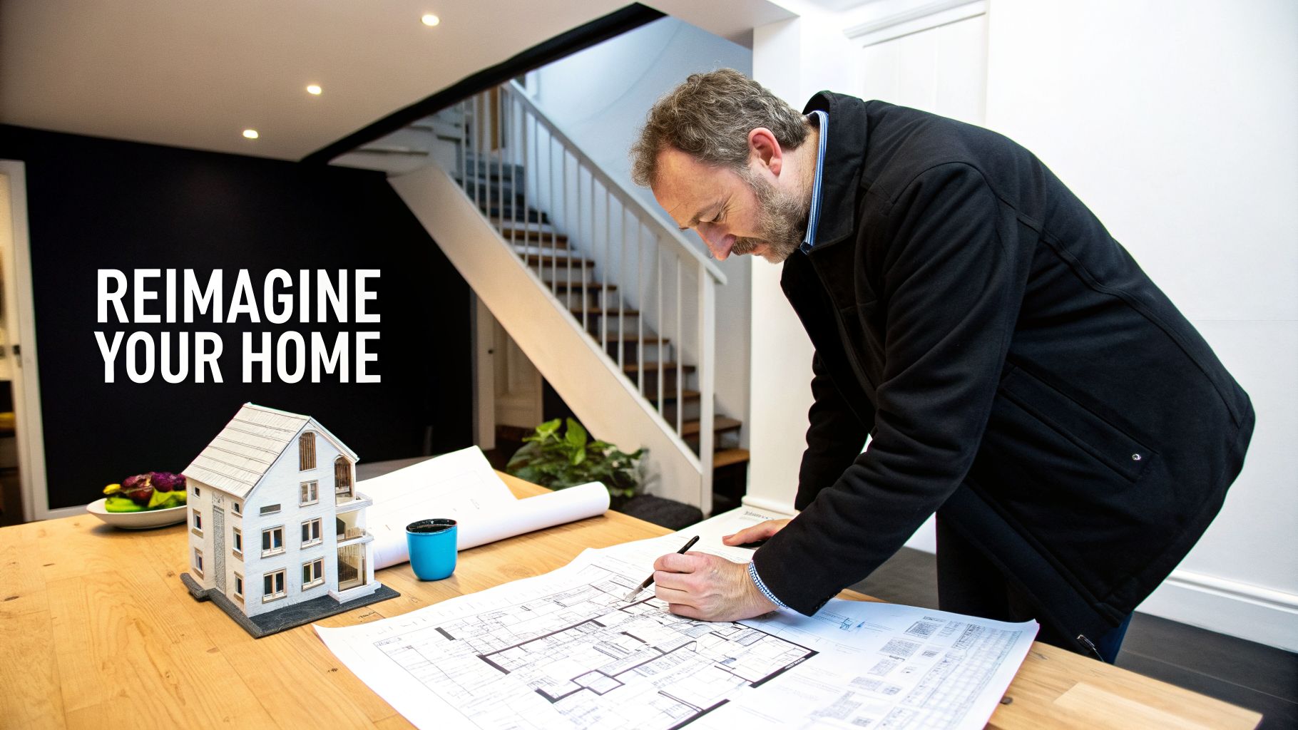 An architect works on blueprints for a home design, with a model house nearby.