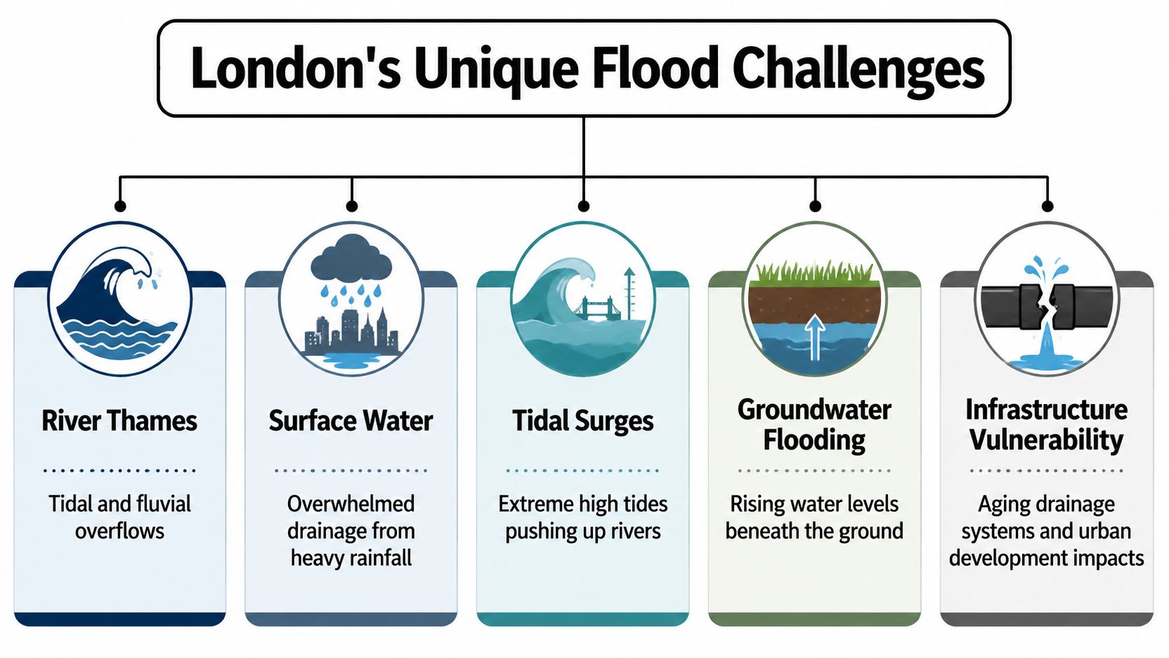 An infographic titled London's Unique Flood Challenges detailing five major causes of flooding in the city.