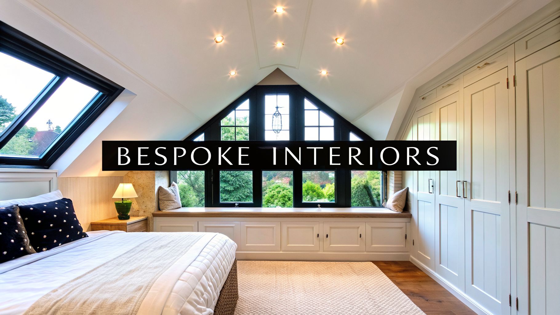 Bright loft bedroom with a large bed, window seat, custom built-in wardrobes and an expansive triangular window.