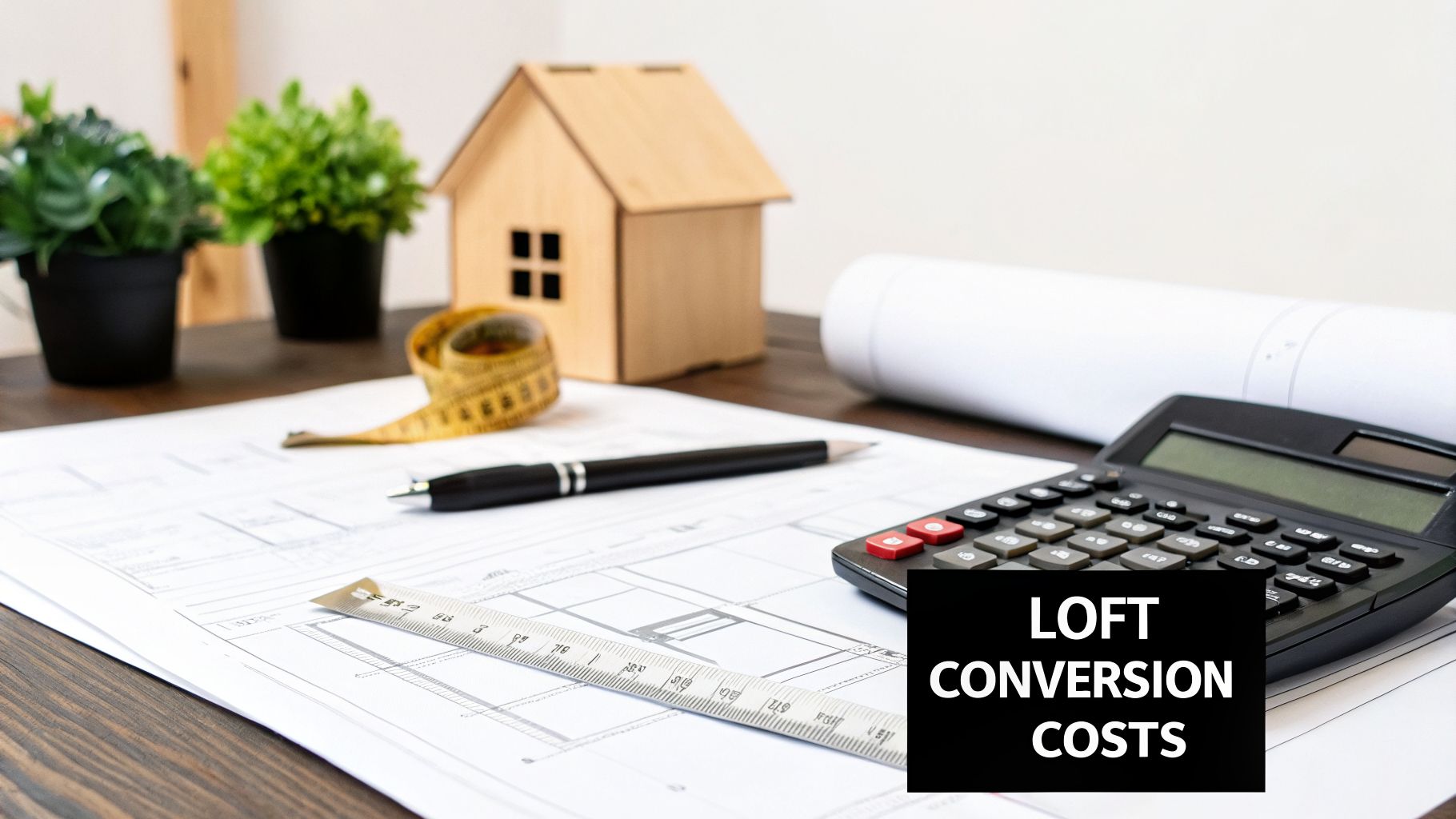 A desk with architectural plans, a calculator showing 'Loft Conversion Costs,' a house model, and tools.