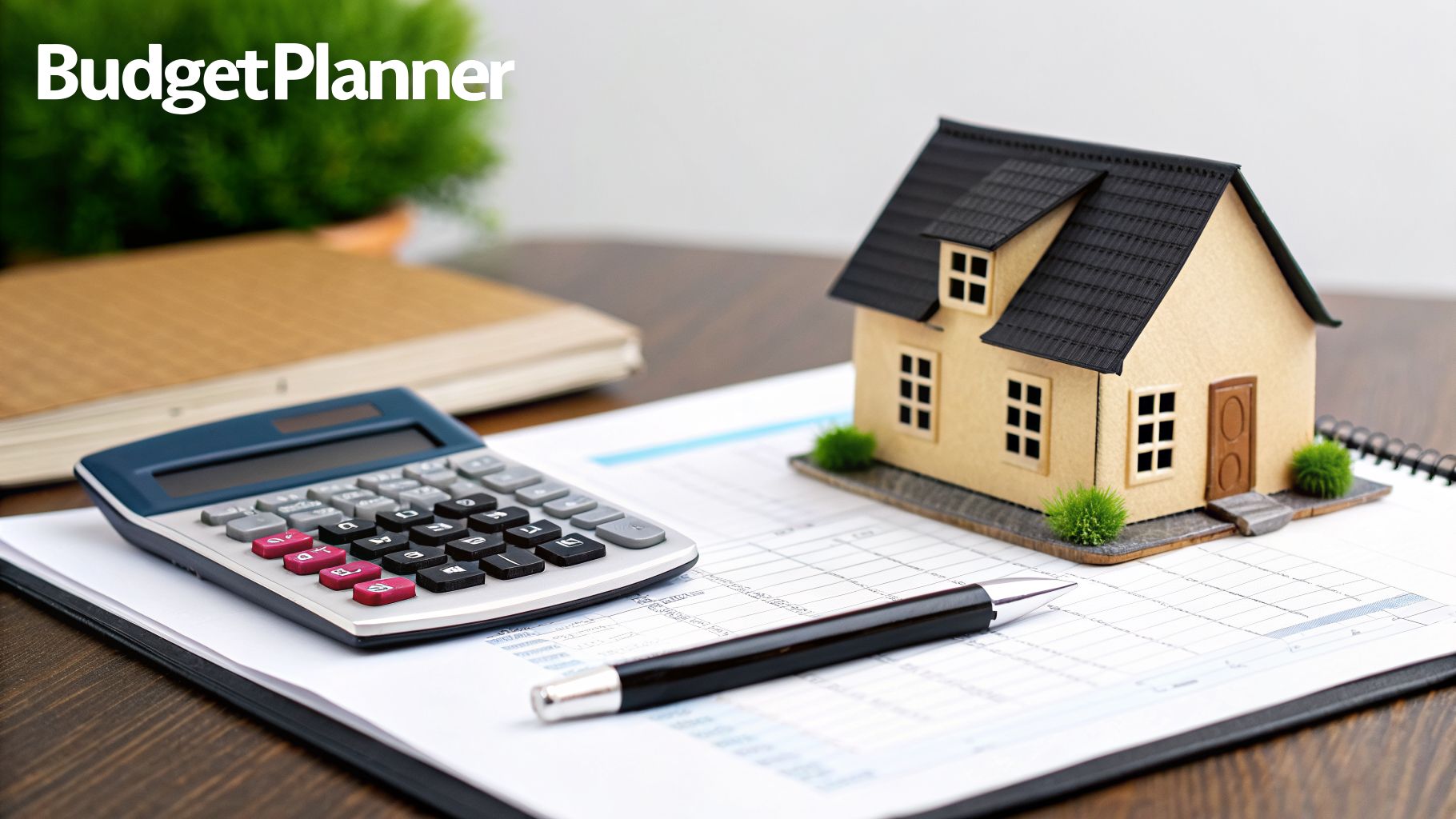 A miniature house model, calculator, and pen on financial documents for budget planning.