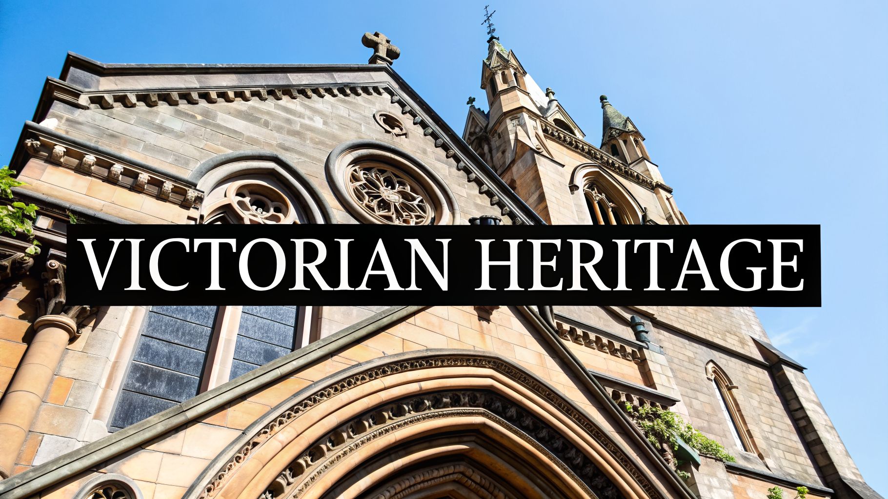 A grand stone Victorian church with a steeple against a blue sky, featuring a 'VICTORIAN HERITAGE' banner.
