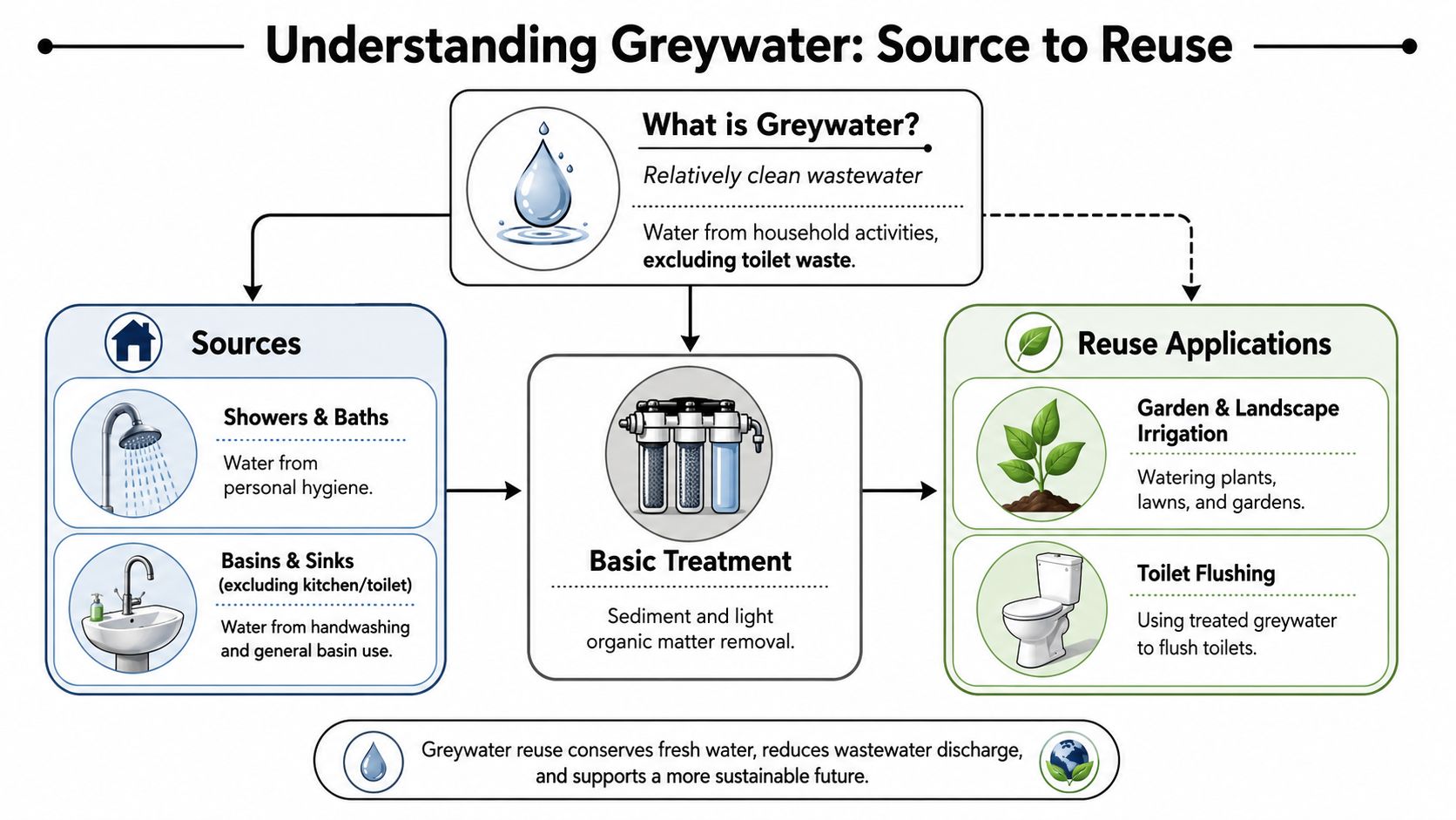 A diagram illustrating the greywater cycle, from household sources to basic treatment and reuse applications.