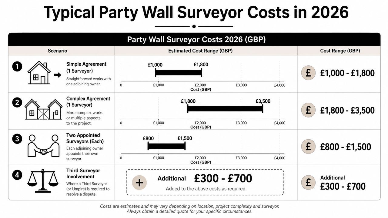 A table showing the estimated costs for party wall surveyors in 2026 based on different project scenarios.