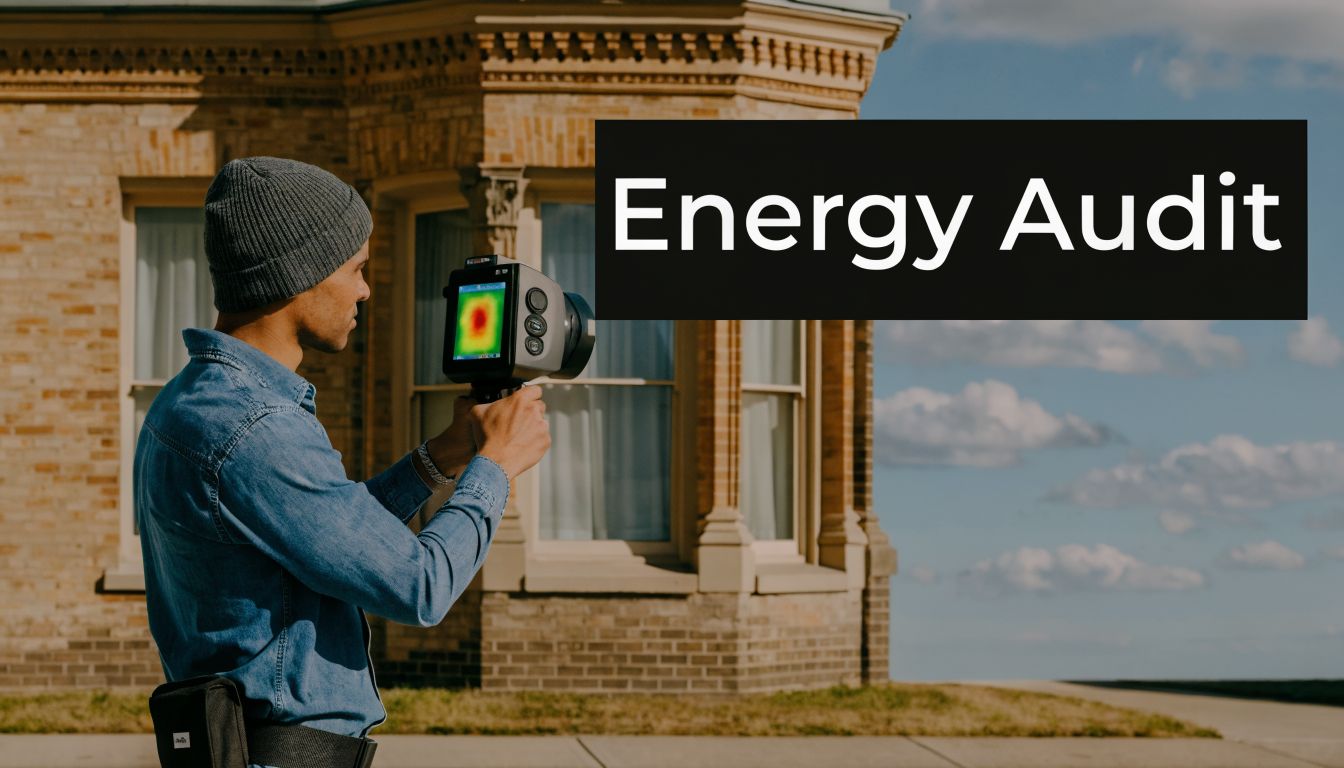 A professional inspector using a thermal imaging camera to perform an energy audit on a Victorian home.