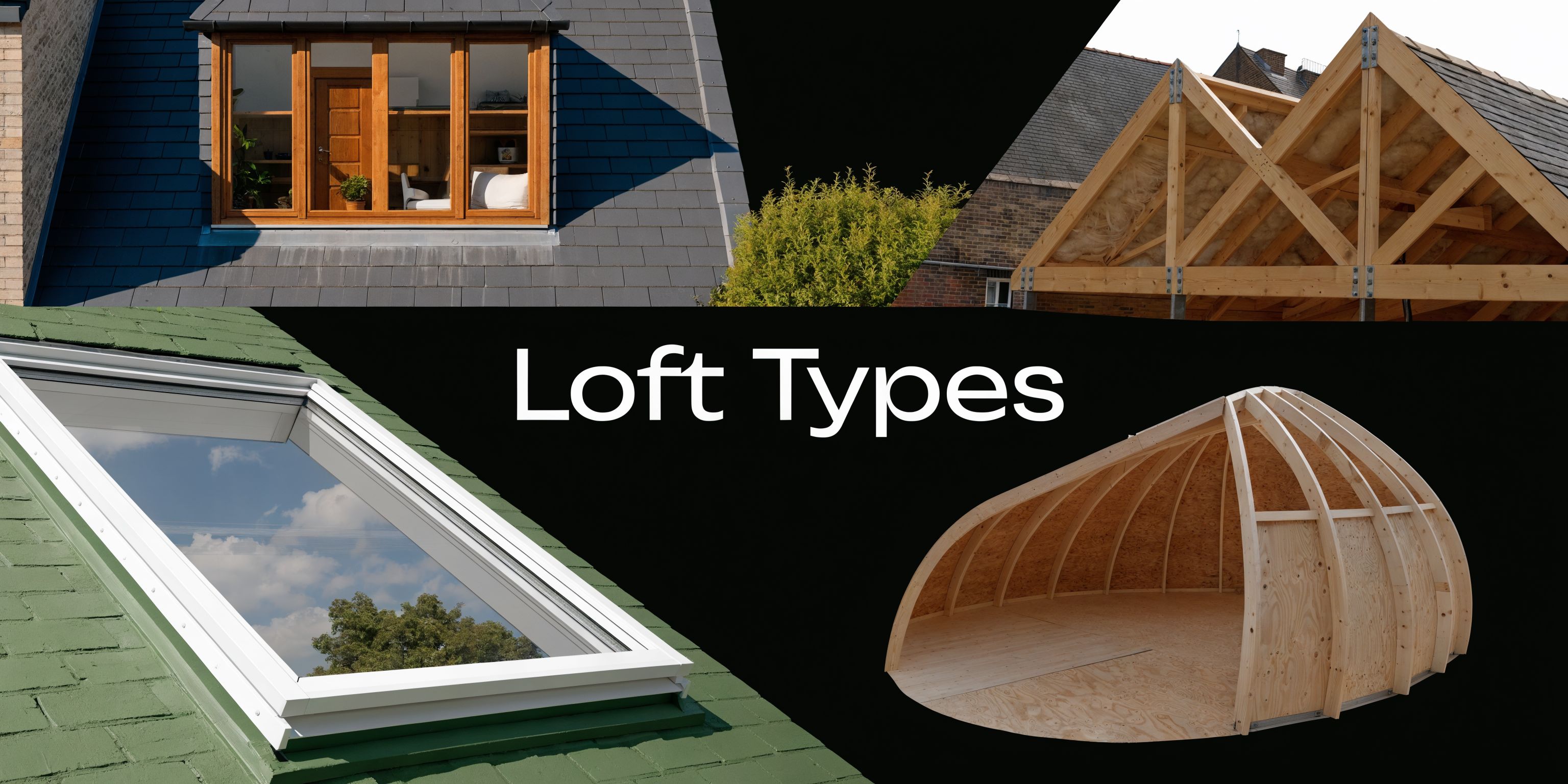 A collage showing various loft conversion designs including dormer windows, roof lights, and timber framing construction.