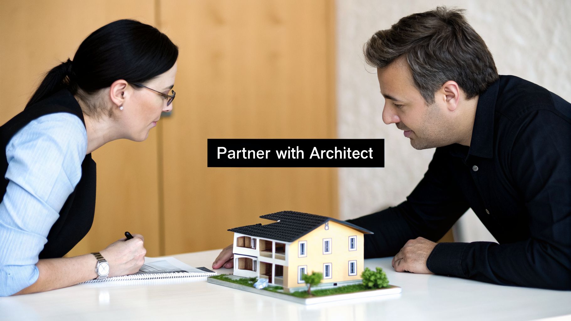 Two people, a man and a woman, collaborate on house design, examining a miniature model.