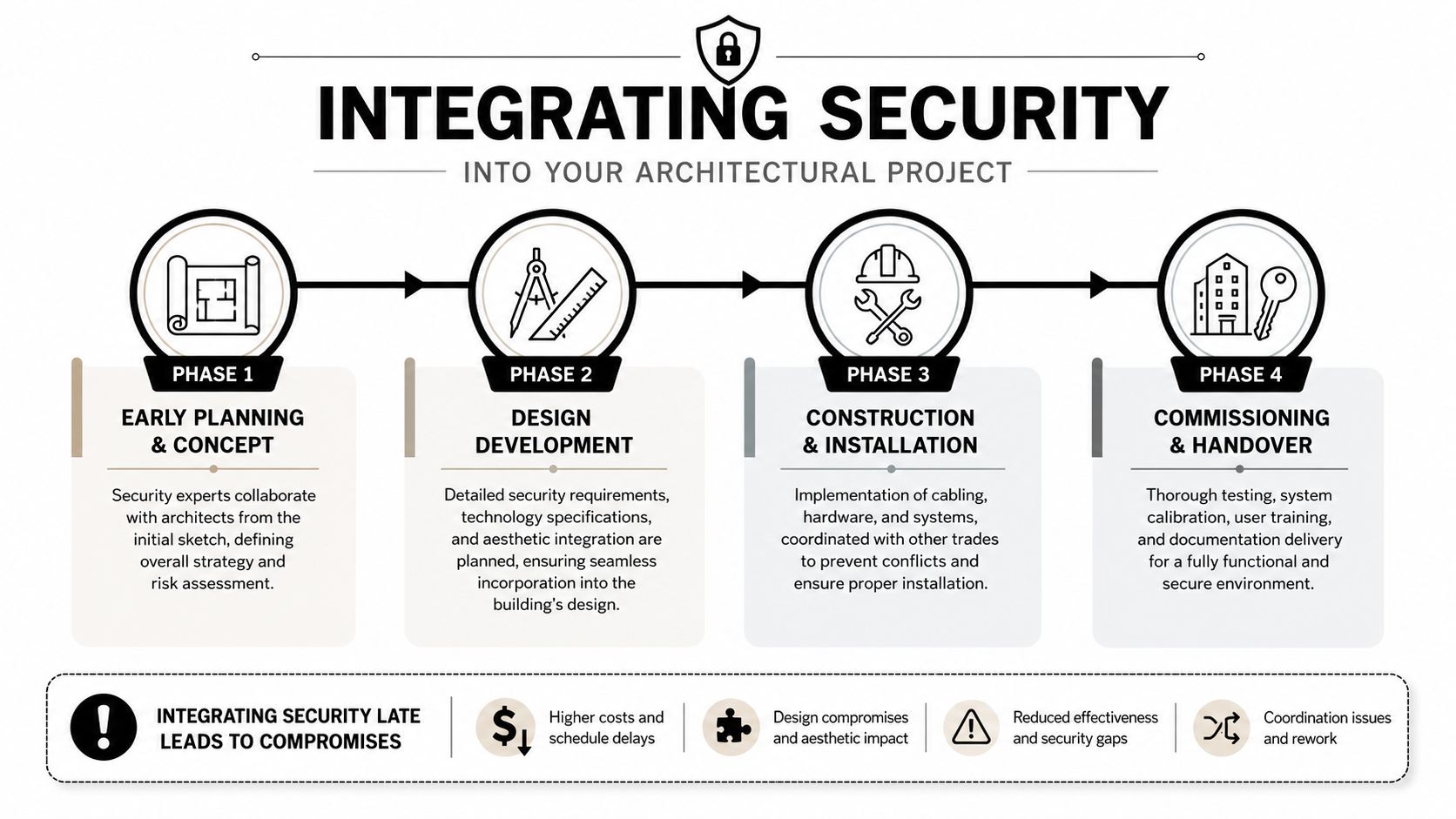A four-phase infographic showing the process of integrating security systems into architectural projects from concept to handover.