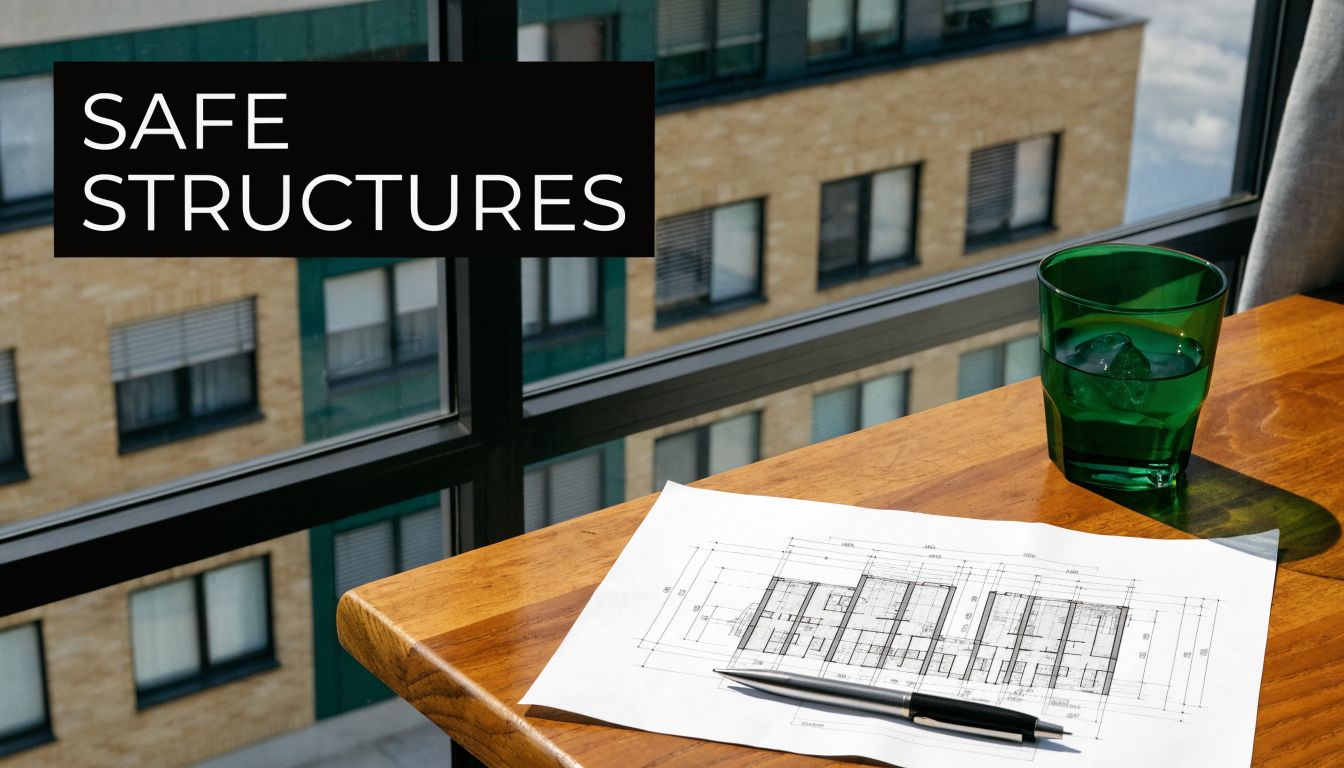 A blueprint of a building design sits on a wooden desk next to a glass of water.