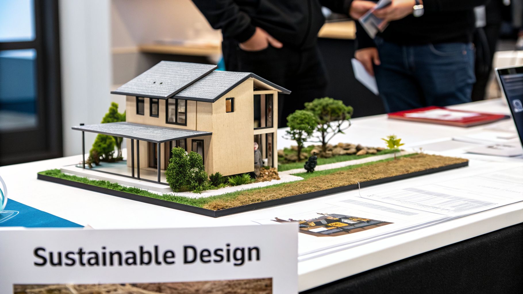 Architectural model of a modern sustainable house with landscaping, displayed on a table at a design exhibition.