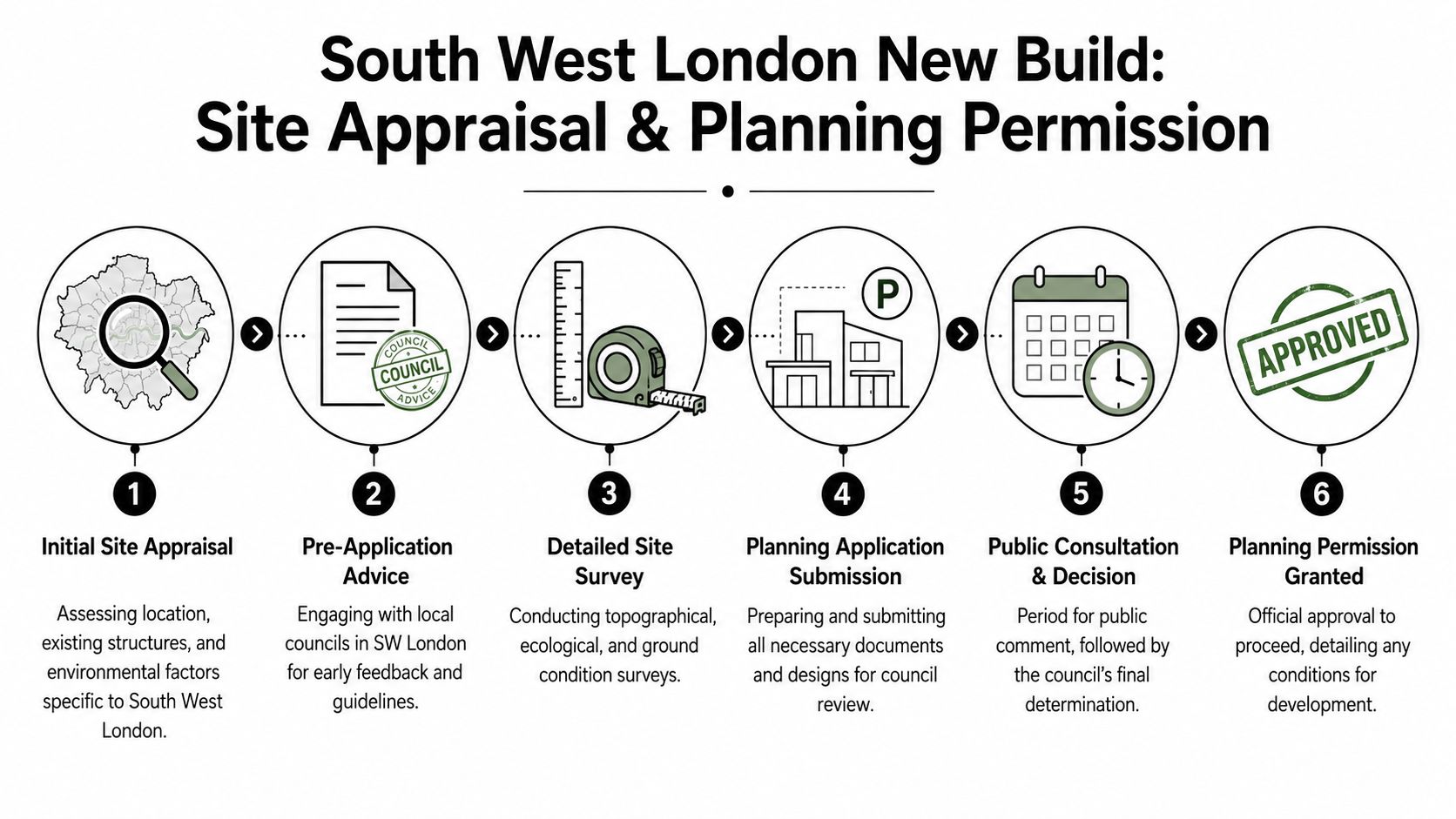 A process flow chart illustrating the six steps of obtaining planning permission for new builds in London.
