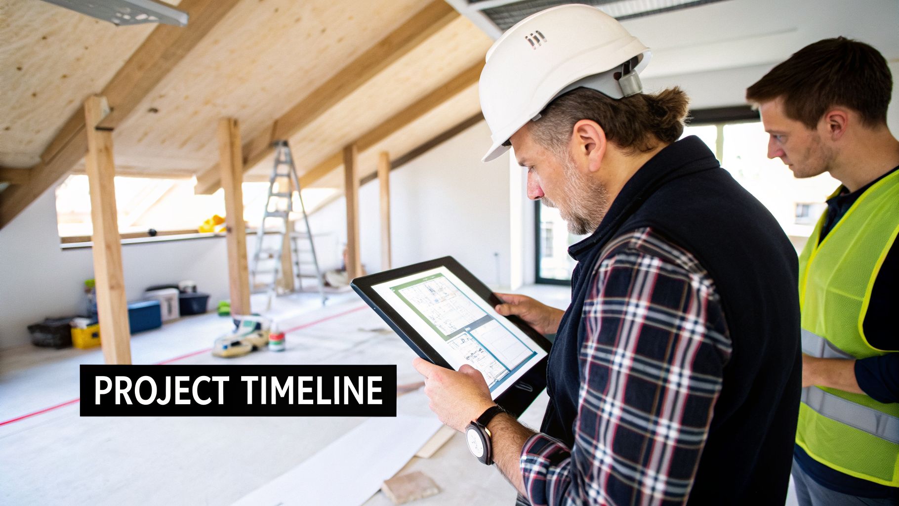 Two construction professionals reviewing digital building plans on a tablet at a loft conversion site.