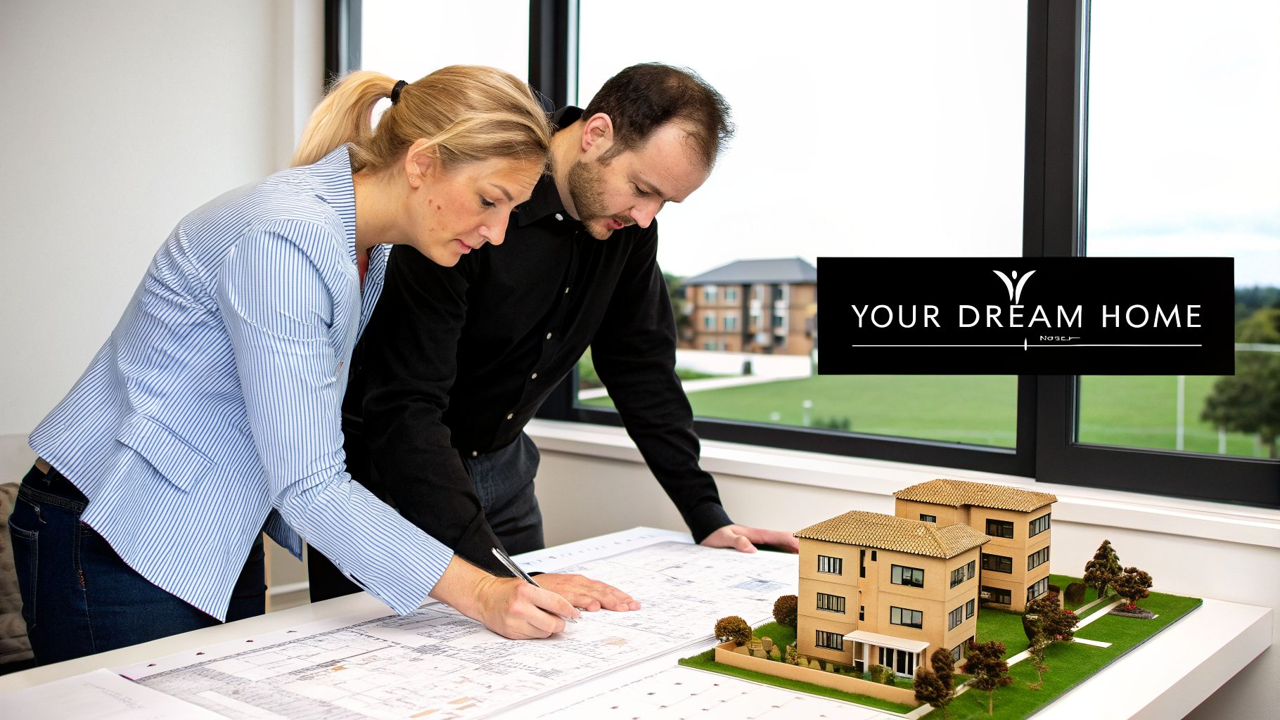 Two architects collaborate on blueprints, designing a new dream home with a building model on the desk.
