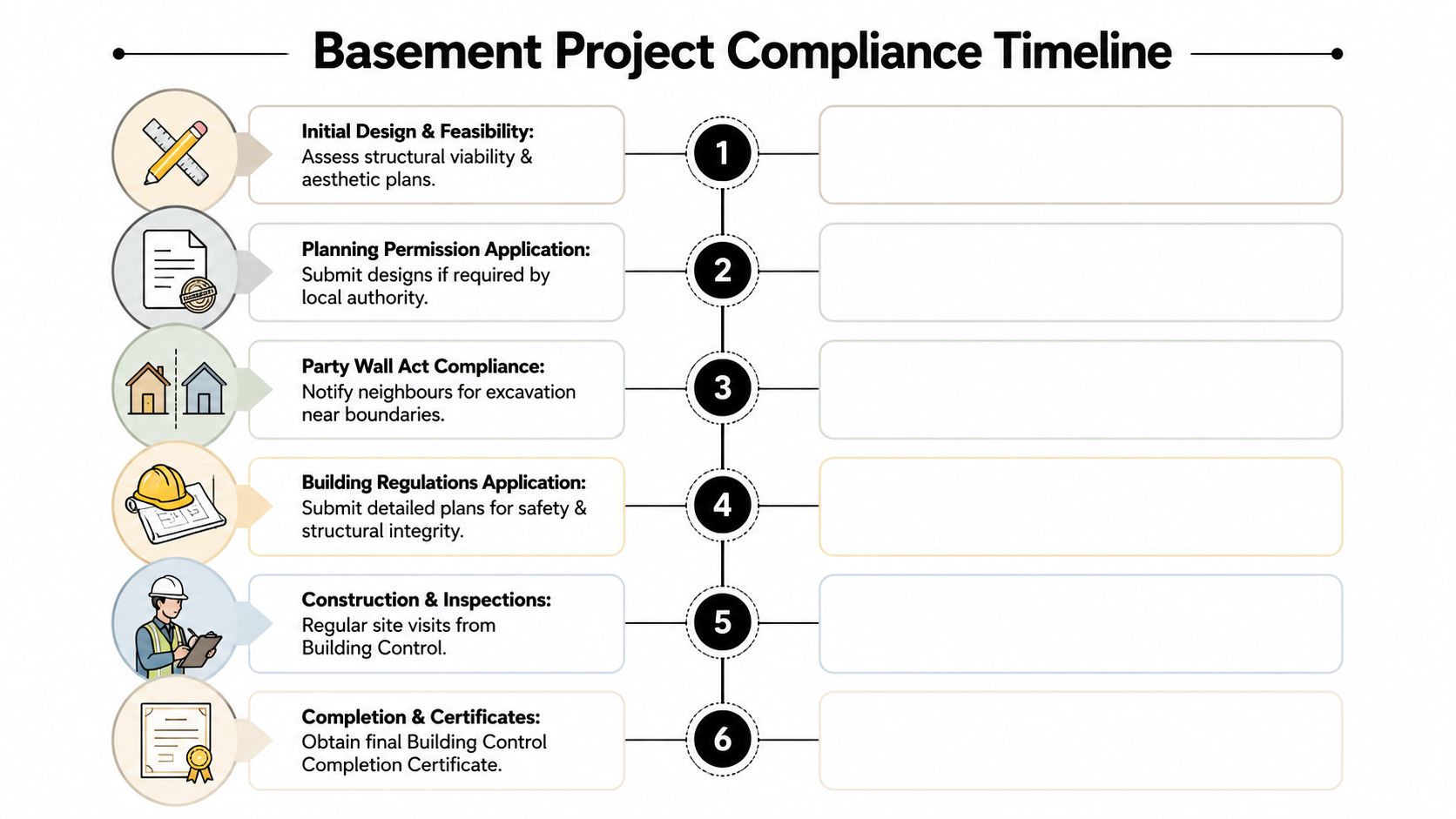 A six-step infographic timeline detailing the essential compliance and planning stages for a basement conversion project.