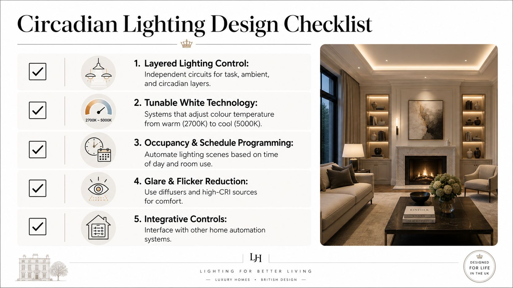 A checklist illustrating five key components of circadian rhythm lighting design for luxury home interiors.