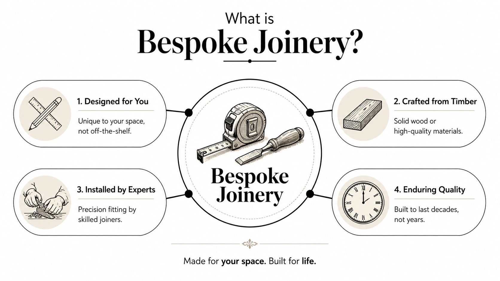 An infographic titled What is Bespoke Joinery explaining the custom, durable, and expert-installed nature of handcrafted furniture.
