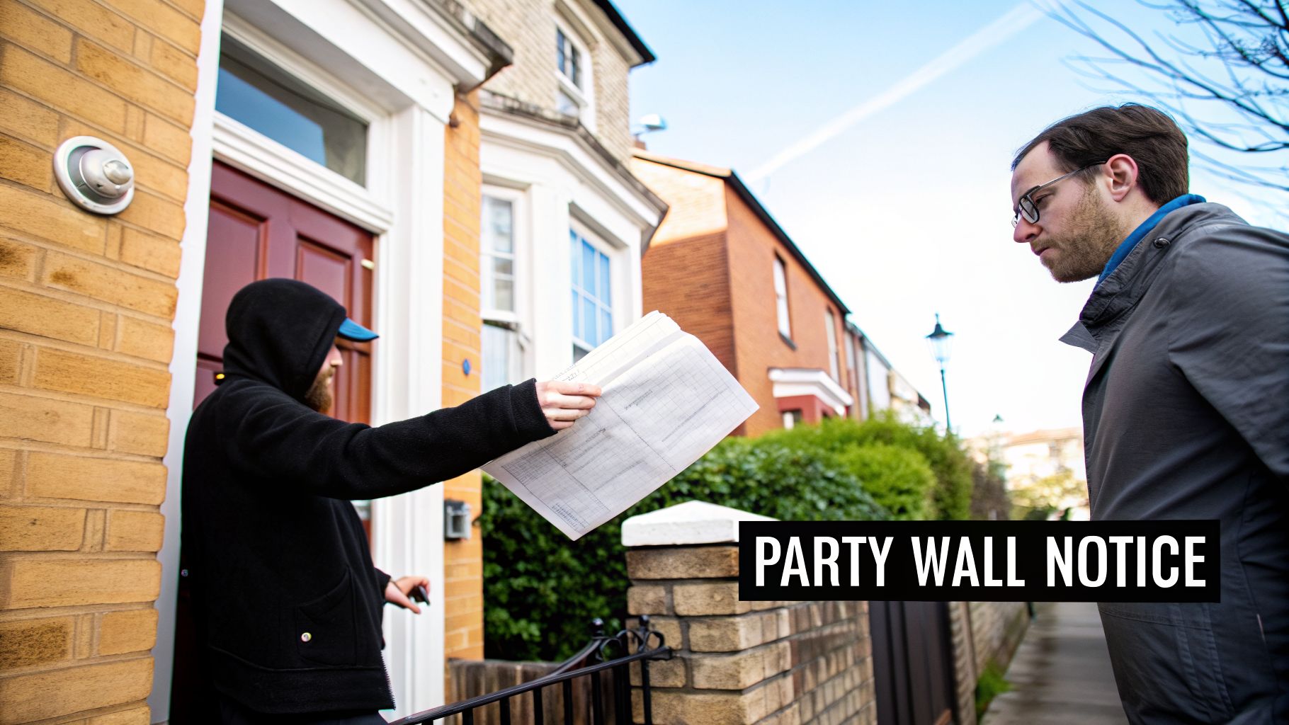 A man in a hoodie hands a party wall notice document to another man in front of houses.