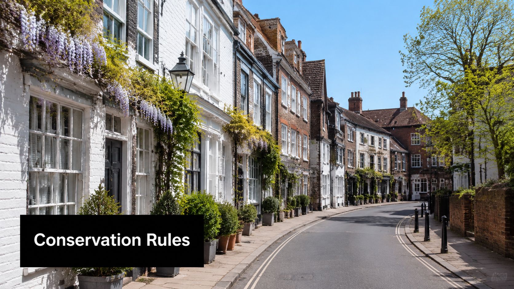 A picturesque historic English street with white brick buildings and lush greenery under a clear sky.