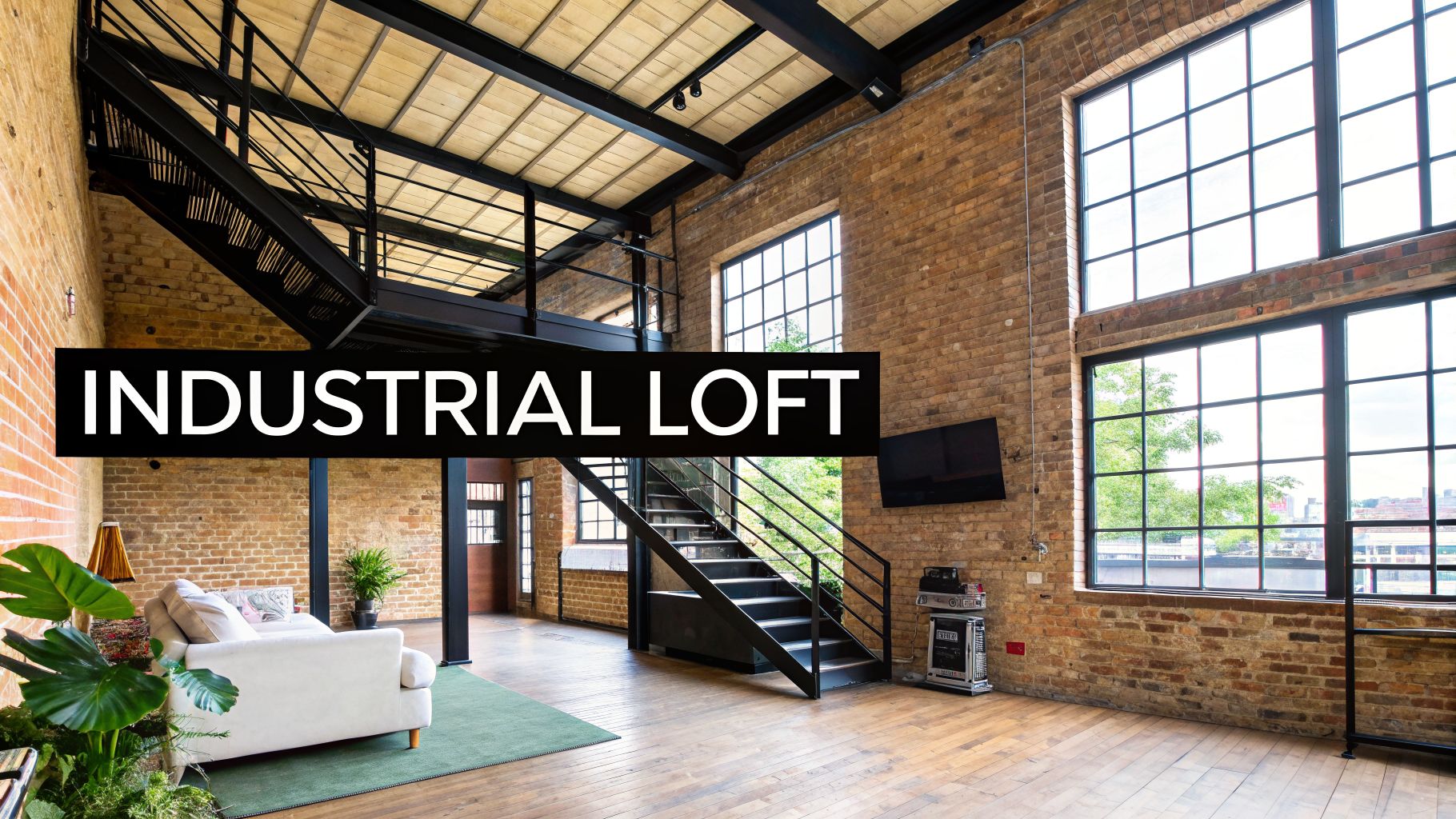 Spacious industrial loft featuring exposed brick walls, high ceilings, large windows, and a prominent black metal staircase.