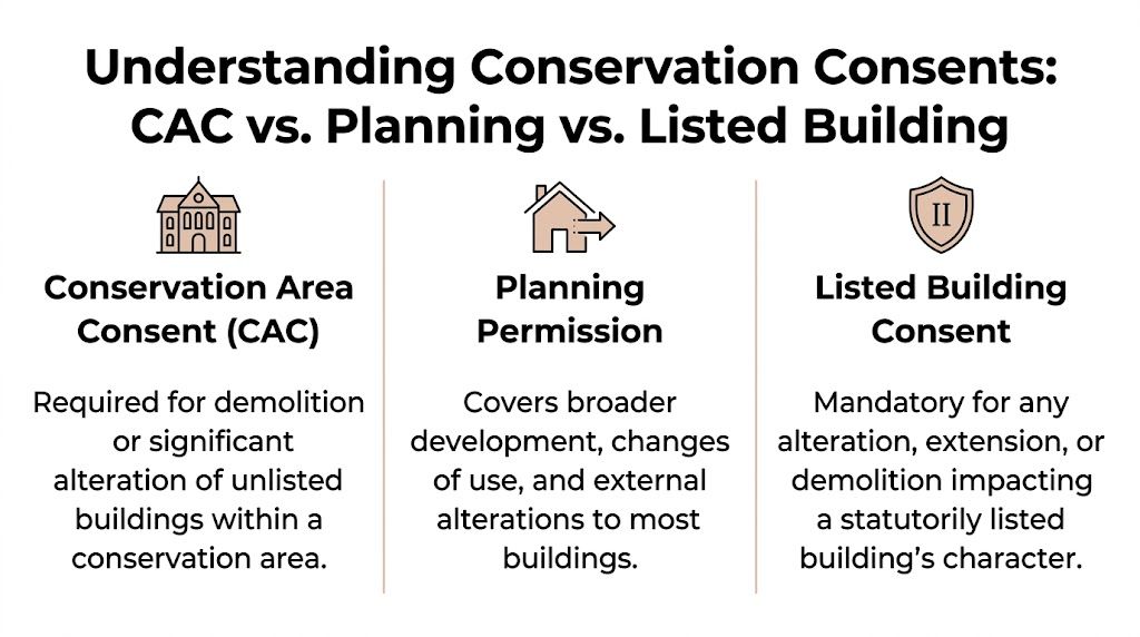 A diagram explaining the differences between Conservation Area Consent, Planning Permission, and Listed Building Consent.