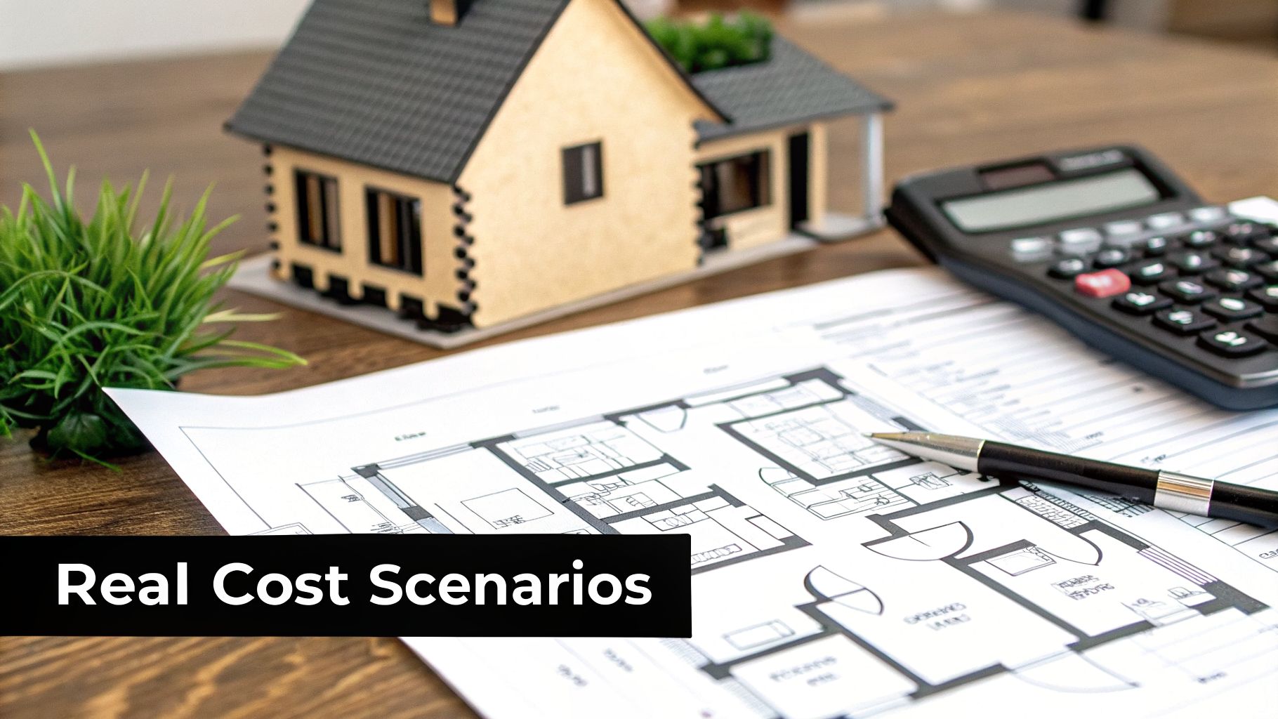 A miniature house model, calculator, pen, and blueprint on a wooden table, illustrating home cost planning.