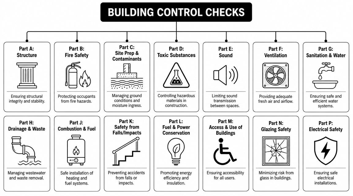 An infographic titled Building Control Checks outlining various safety and construction regulations from parts A to P.