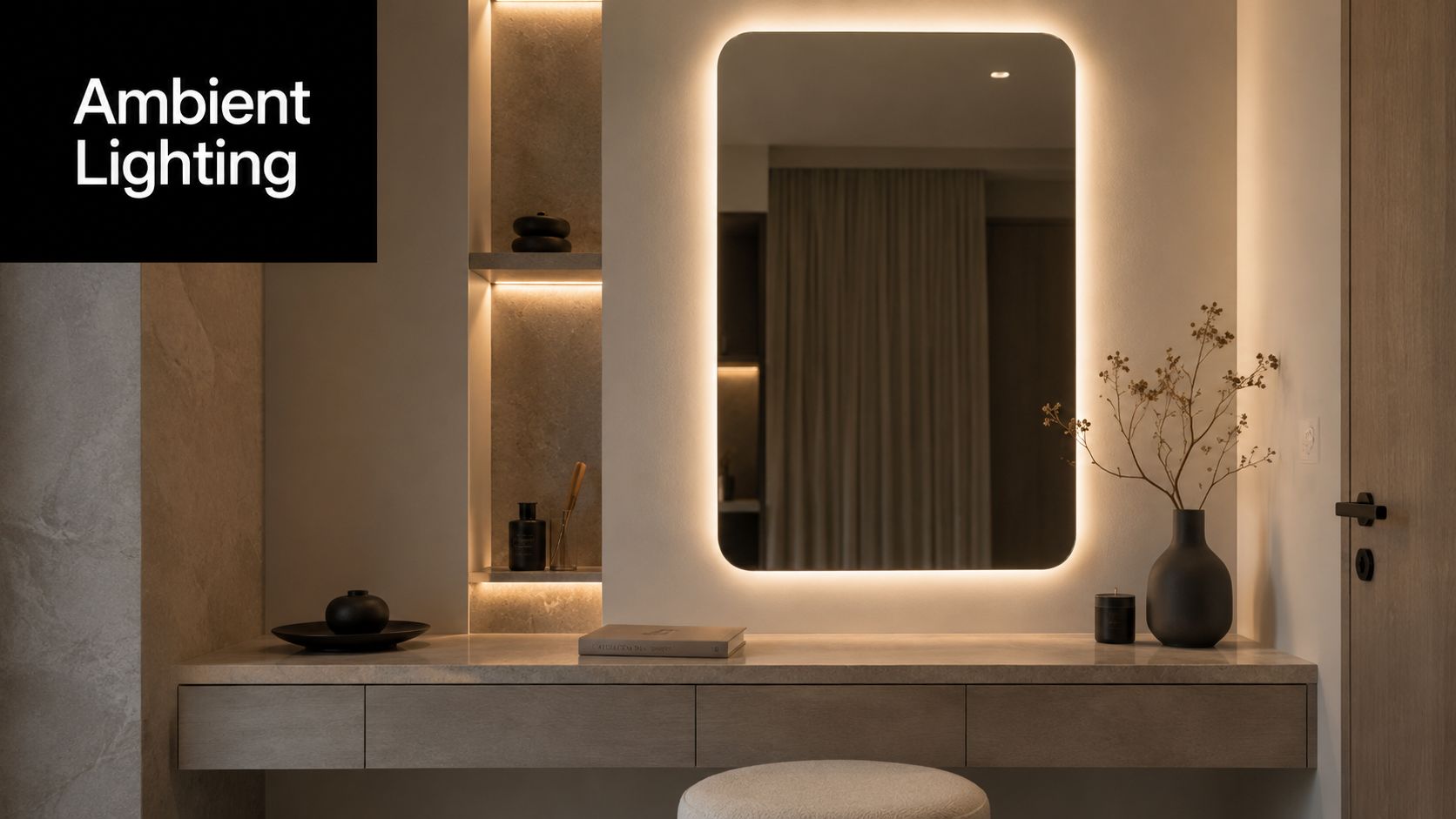 A modern luxury vanity area featuring an illuminated mirror with soft ambient lighting and minimal decor.