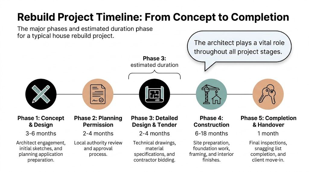 A timeline graphic showing five phases of a house rebuild project from concept to completion.