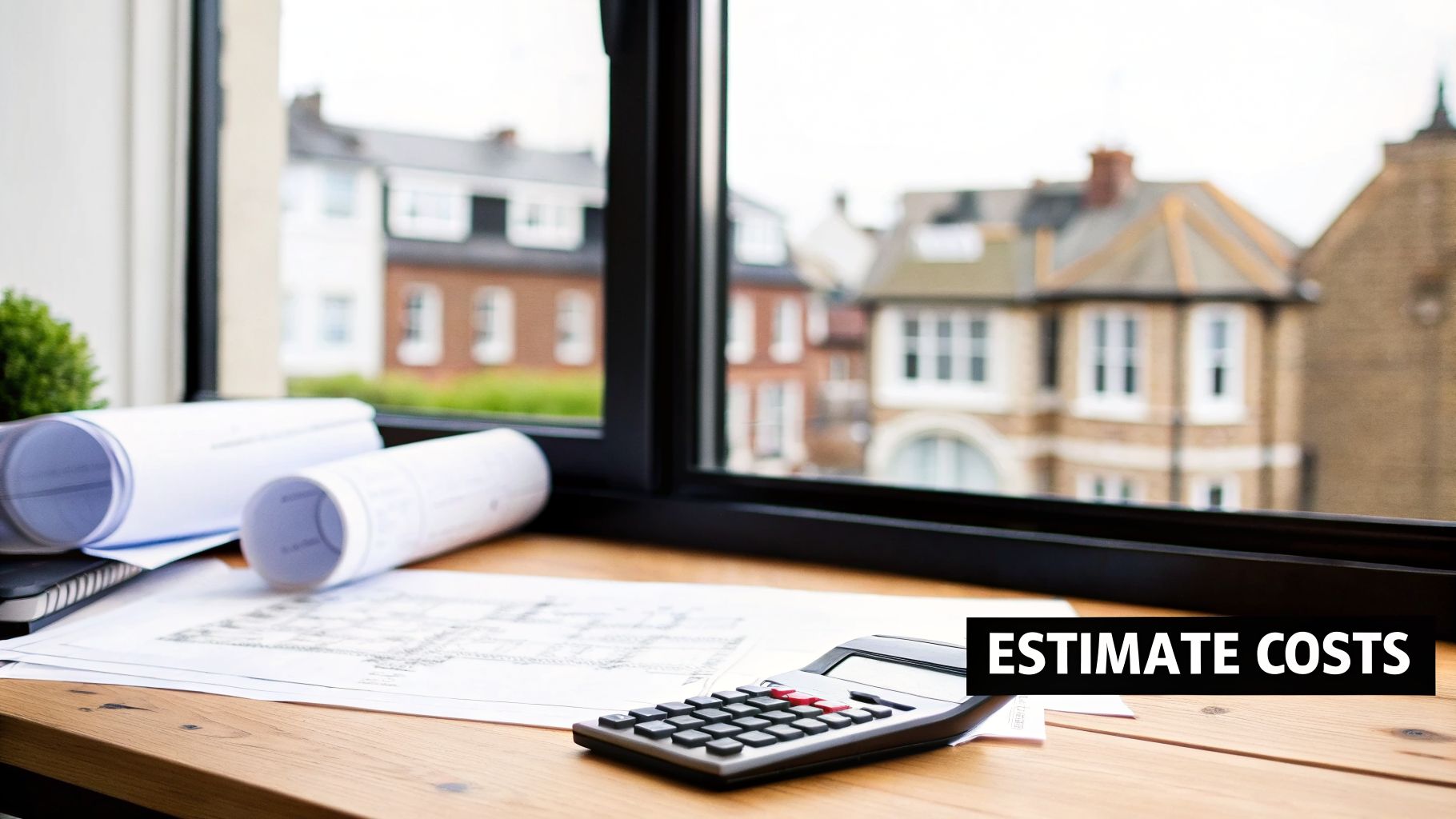 Architectural plans, calculator, and a notepad on a wooden desk by a window with 'ESTIMATE COSTS' overlay.