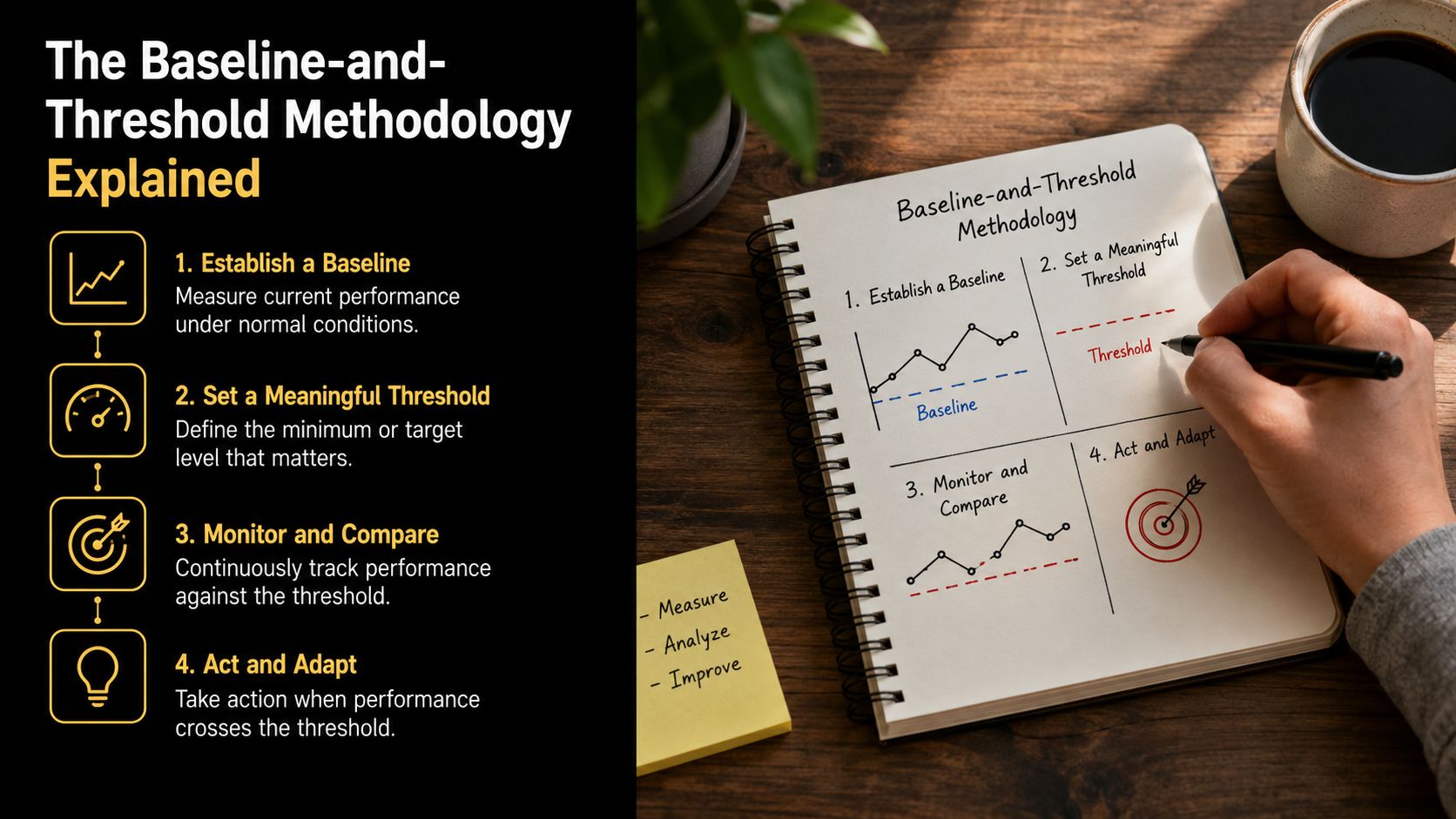 A hand drawing a methodology chart explaining how to establish baselines, set thresholds, monitor, and adapt performance.