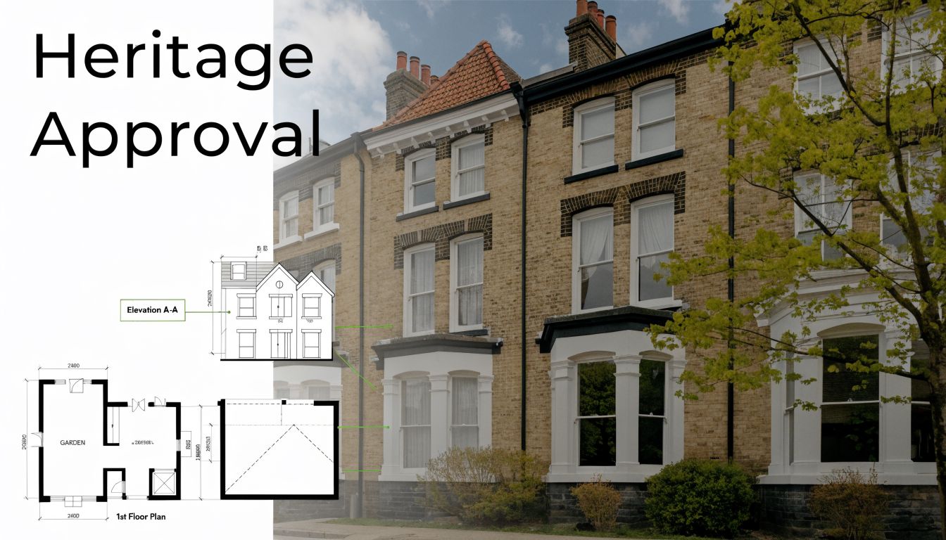 A Victorian terraced house exterior featuring architectural plans and site dimensions for heritage building energy efficiency upgrades.